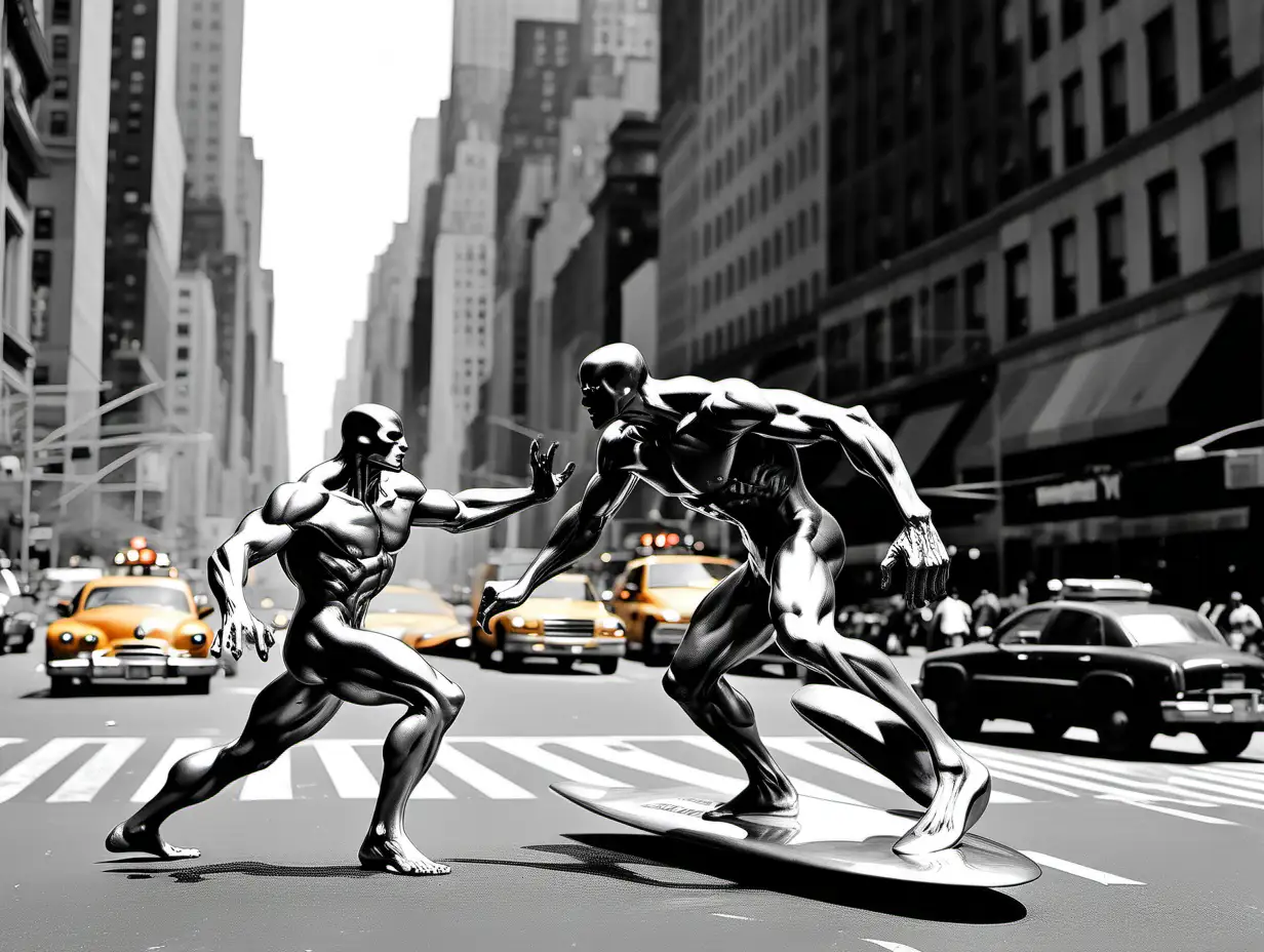 Frank Frazetta style Silver Surfer fights The Thing on 5th avenue NYC