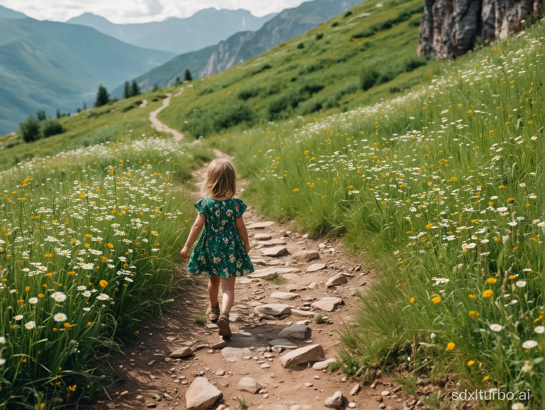 The little girl in a green floral dress walks on a mountain path covered with flowers and grass on both sides.