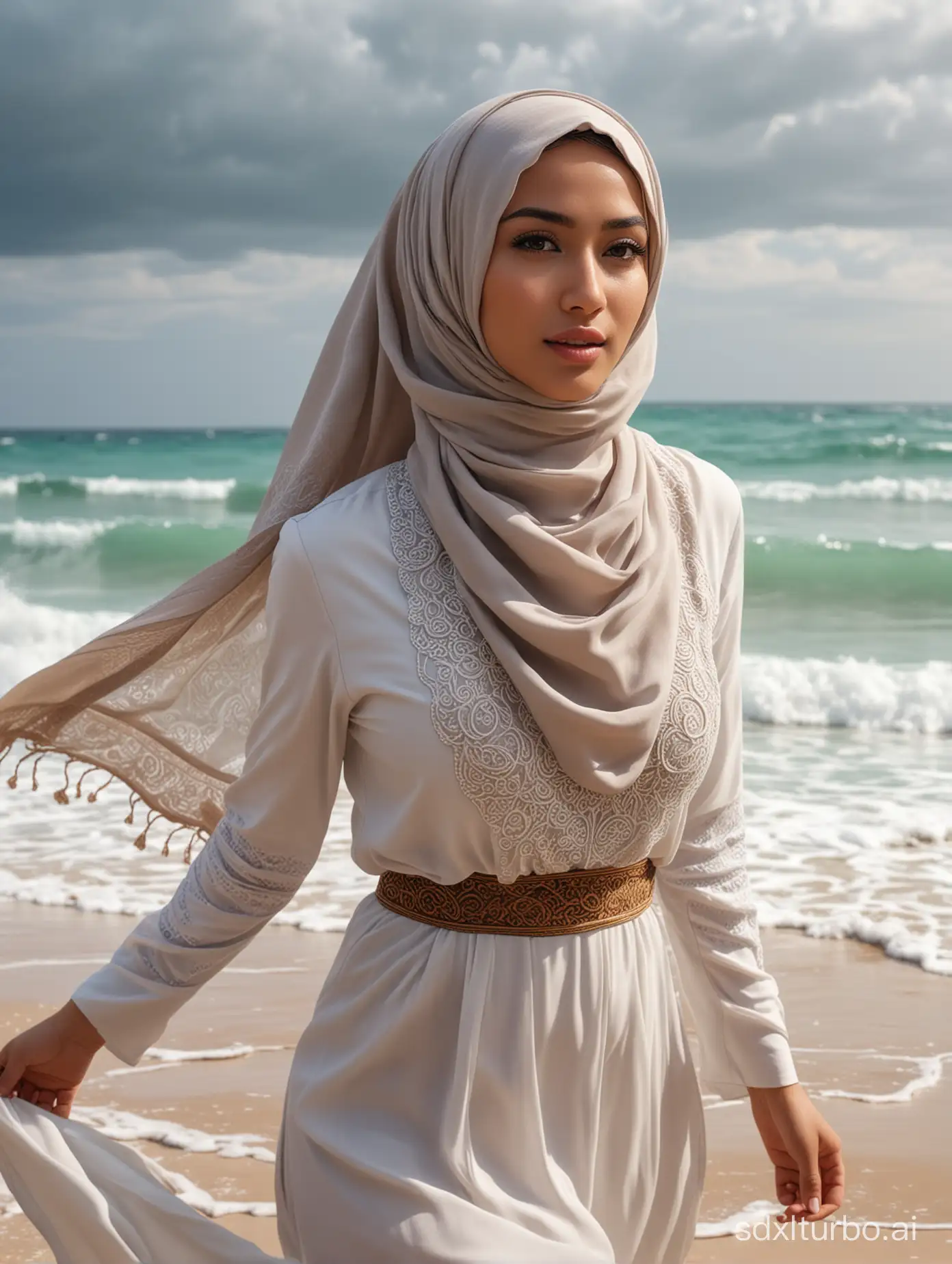 Ultra HD 8k realistic photos. A very beautiful woman with an Indonesian face, wearing a hijab covering her chest, elegant Arabic clothing, walking on the beach with small waves crashing, strong winds, and the atmosphere of the day.