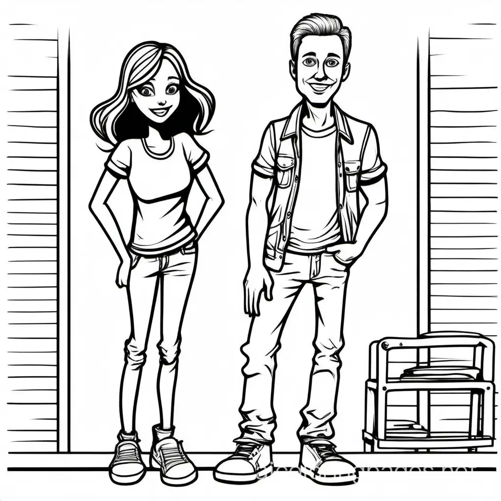 black and white line drawing of a comical handsome man that is tall and skinny. make the man's ears somewhat big. put a tshirt on the man and put jeans on the man. the man is wearing sneakers. put a hammer in his hand. Also black and white line draw a cute lady with big eyes big head and round face. the lady is wearing jeans and a tshirt and sneakers. very detailed. line draw only. no color., Coloring Page, black and white, line art, white background, Simplicity, Ample White Space. The background of the coloring page is plain white to make it easy for young children to color within the lines. The outlines of all the subjects are easy to distinguish, making it simple for kids to color without too much difficulty