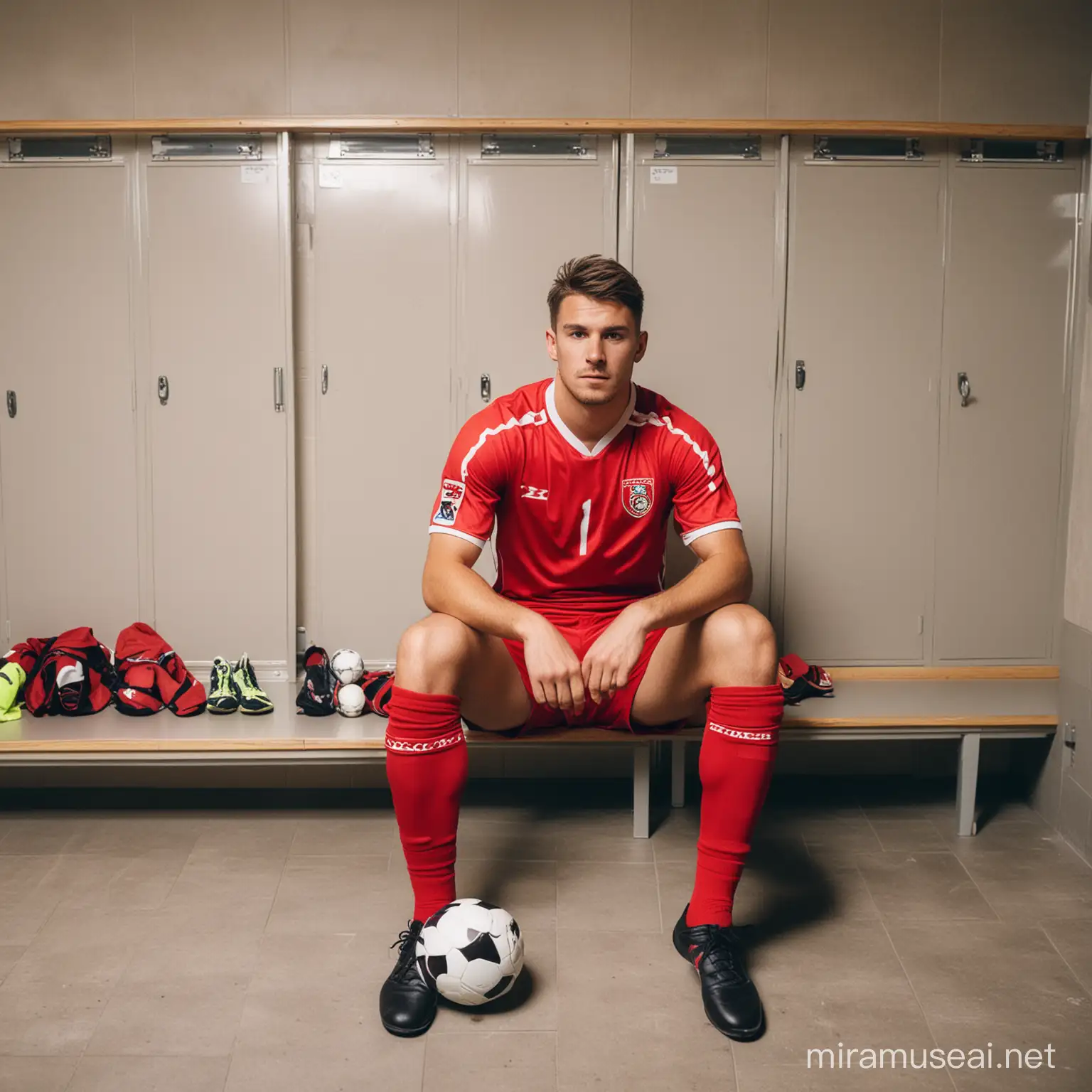 Soccer Player Resting in Changing Room Before Match