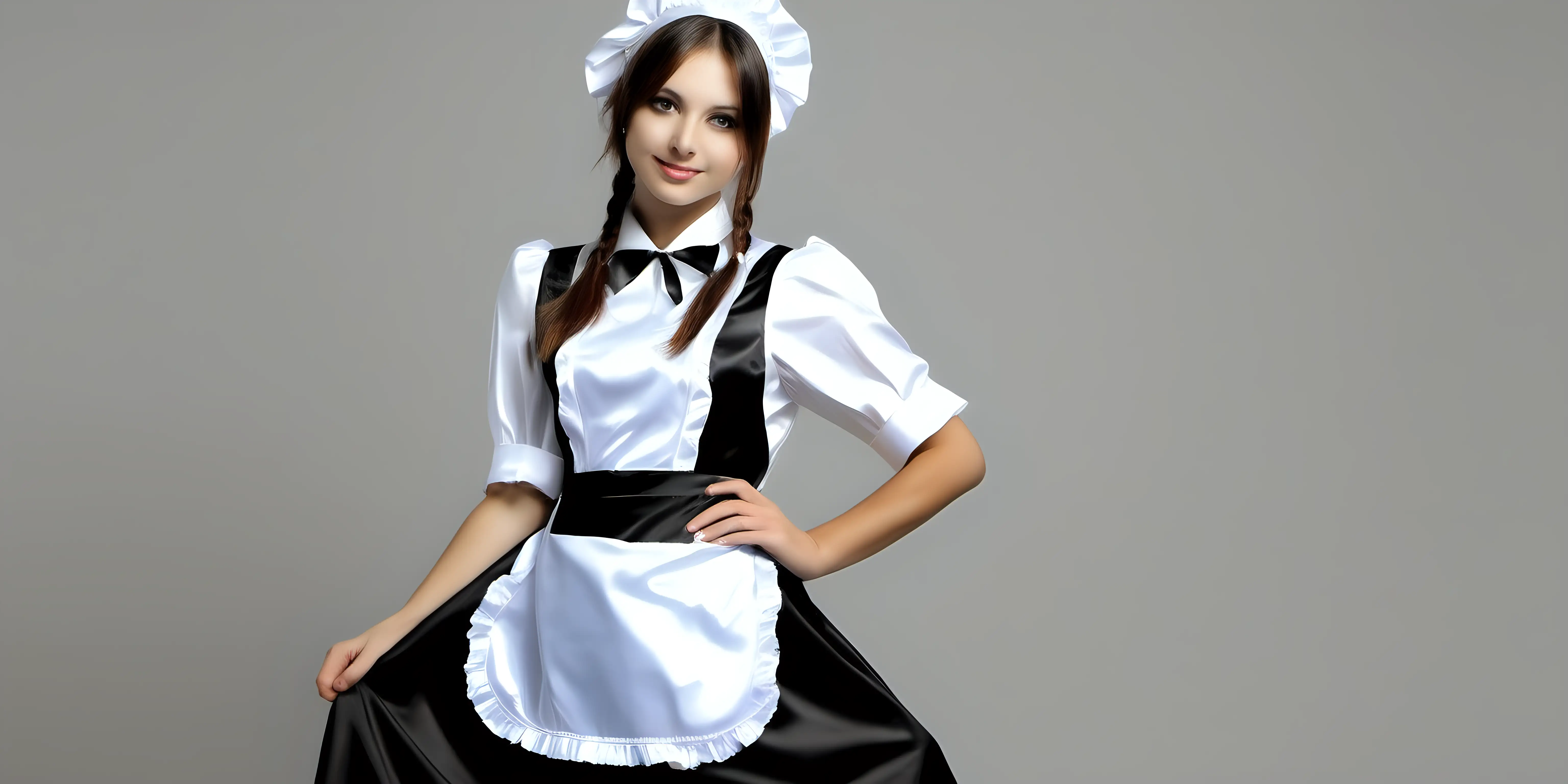 Girl in satin long maid uniforms