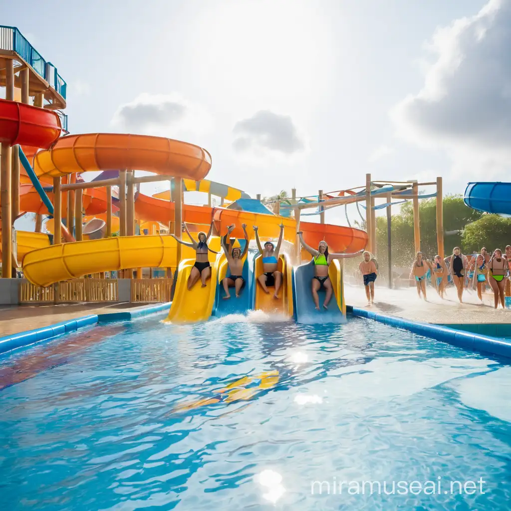 young people who have just gone down a slide in a water park and there are belts under them and they are visibly very happy