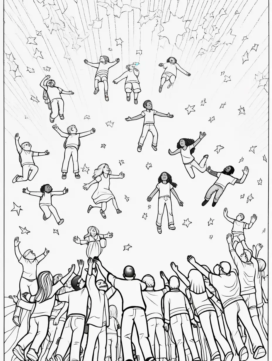 Coloring book page of a group of people. Some of the people on the ground looking up. Some of the people floating up into the heavens . The rapture