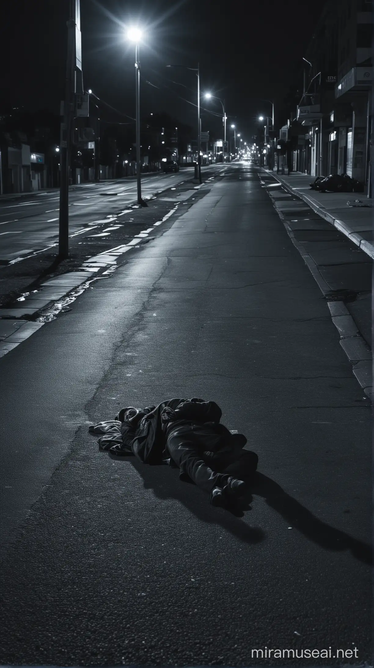 homeless man laying on the side of the road, under a bluish white street light at night