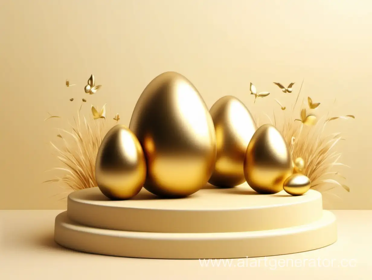 Easter banner for product demonstration. Round pedestal or podium with gold Easter eggs on cream background, 32k
