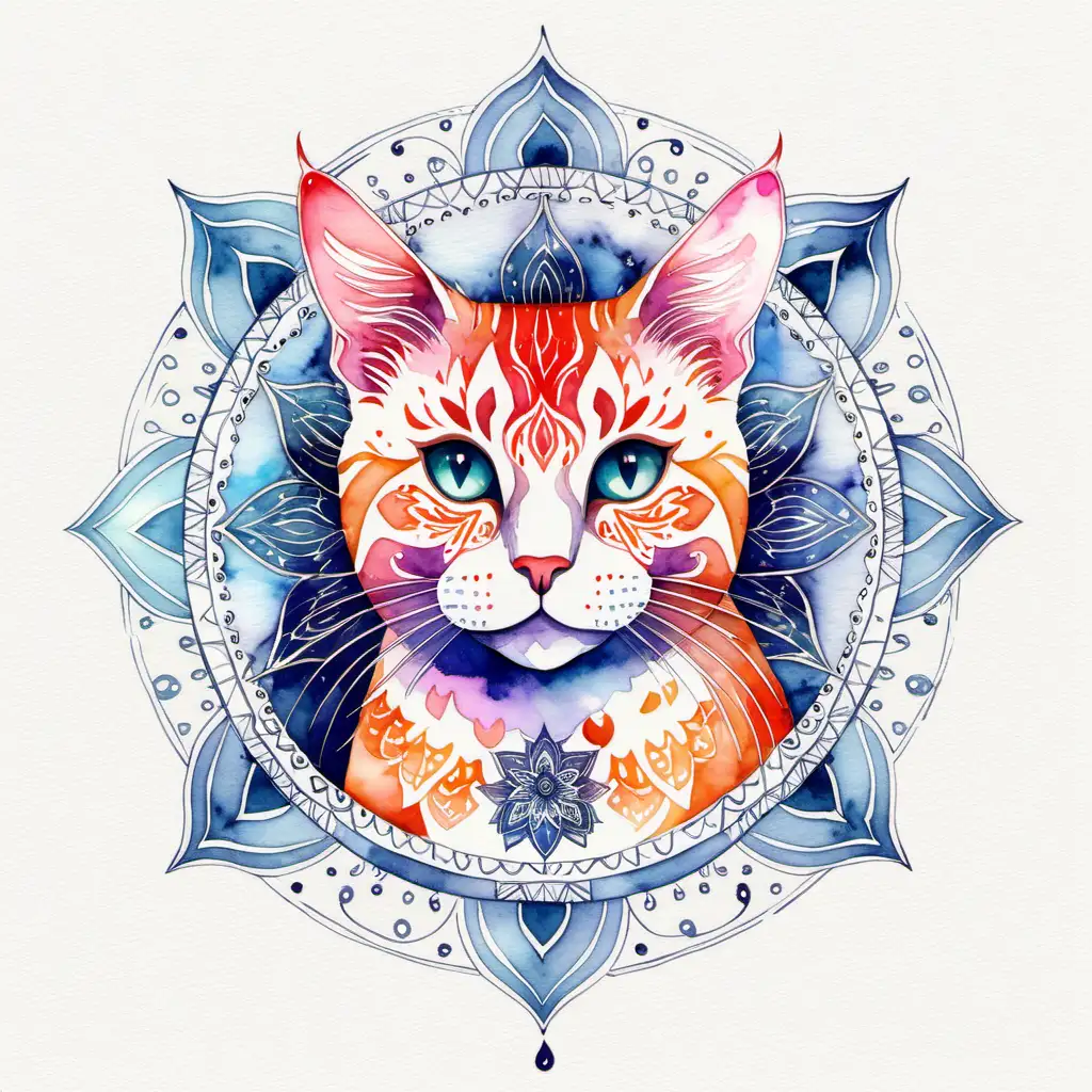 Watercolor Vector Cat with Mandala Alchemy Crisp Upscaled Image