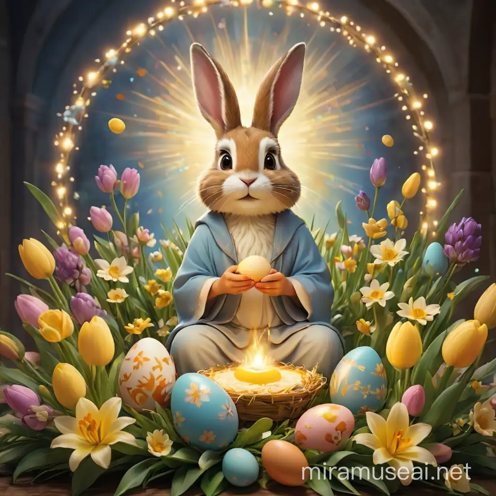 Generate an image that merges the celebration of Easter with a digital connection to religion. Incorporate traditional Easter symbols such as eggs, bunnies, and flowers, while also integrating elements that evoke the spiritual significance of the holiday. Consider incorporating digital elements such as glowing halos, ethereal light effects, or pixel art representations of religious icons. Blend traditional and modern imagery to symbolize the intersection of faith and technology in contemporary society. Ensure that the overall composition radiates warmth, hope, and reverence, capturing the essence of Easter's spiritual renewal in the digital age. Strive for a visually compelling image that resonates with both traditionalists and those who embrace the integration of technology into religious practice.