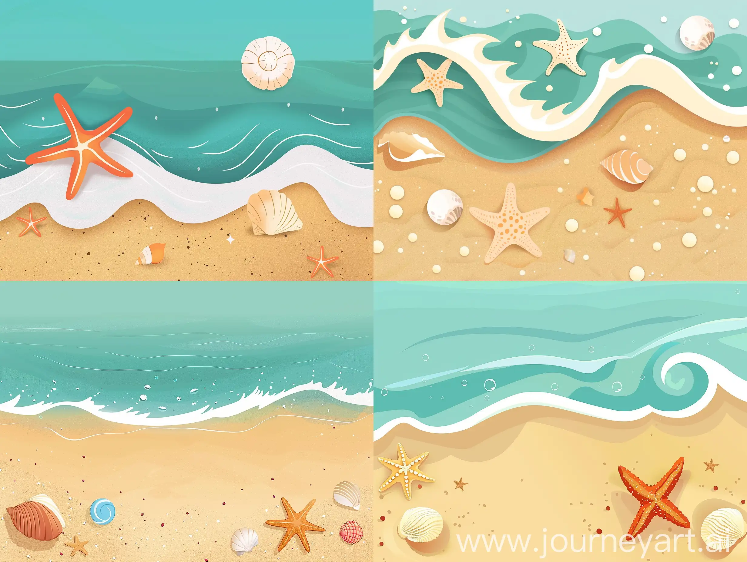 minimalism，flat-style，sense-of-depth，ocean-wave，sand-beach，ocean，starfish，seashell，Beach-balls