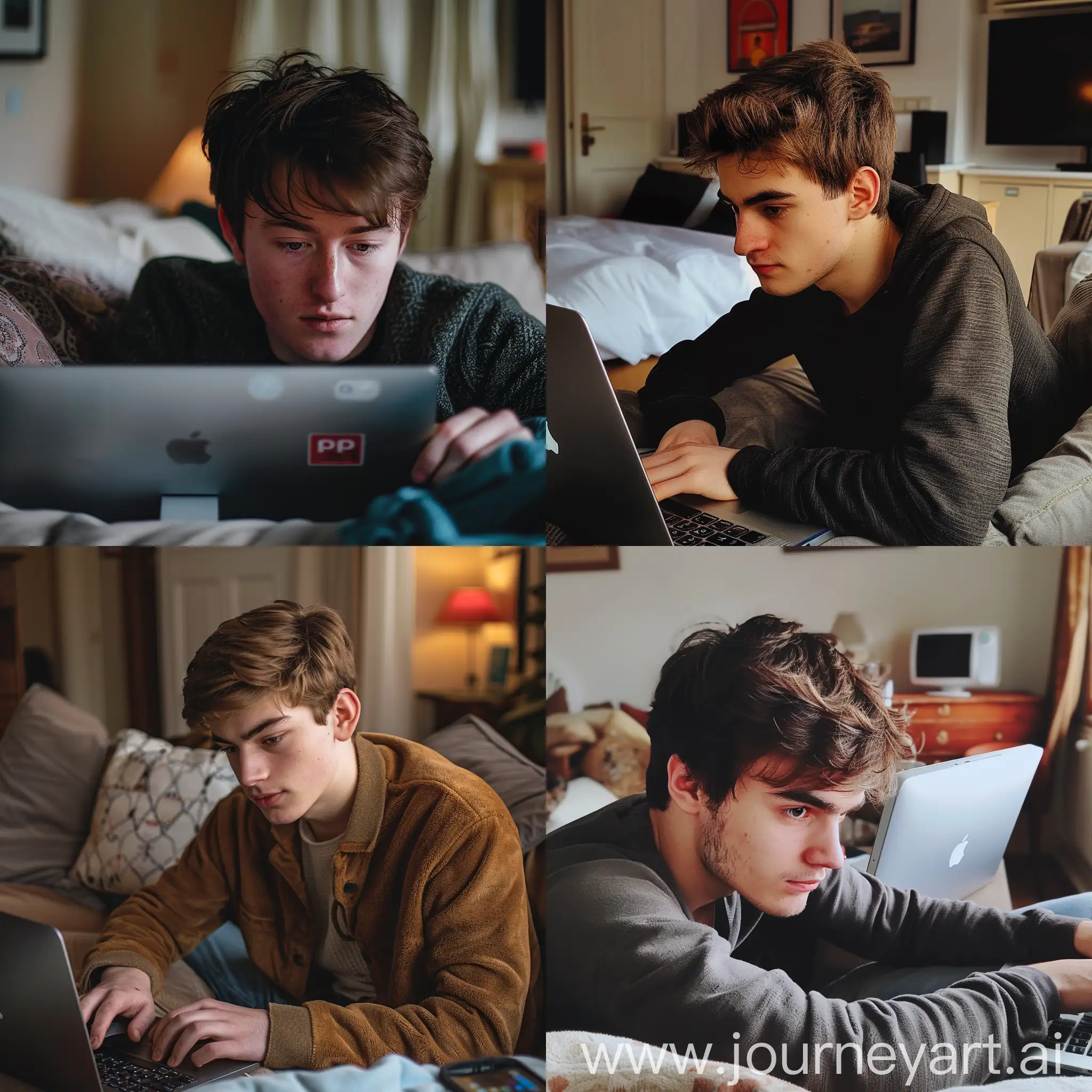 Photo of a young man, European type, brown eyes and brown hair, working on his Apple computer, semi-recumbent on his sofa, in a cosy apartment. Phone photo