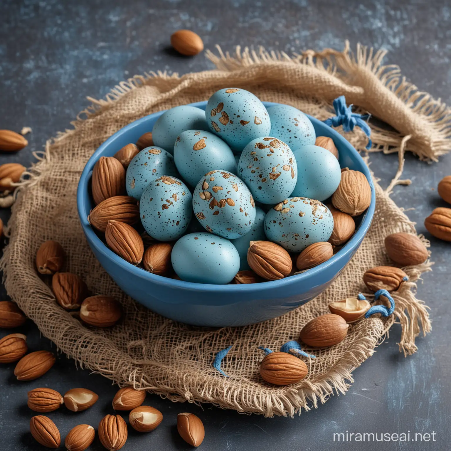 easter, blue eggs with roasted nuts inside, holding the eggs inside a blue bowl, various nuts types and shapes, nature backgrouund