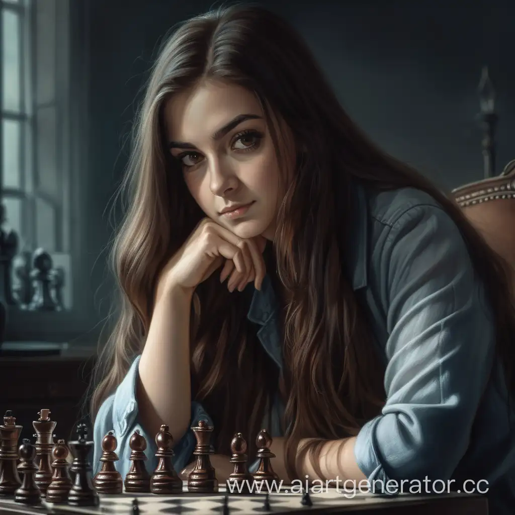 Женщина, 25 лет, играет в шахматы, зловещая улыбка, что-то задумала, властный взгляд, жуткая атмосфера, брюнетка с длинными волосами, взгляд исподлобья 