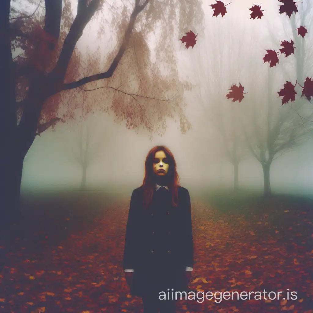 The fog, garden, autumn, creepy, The leaves are falling off, vhs tape filter, girl