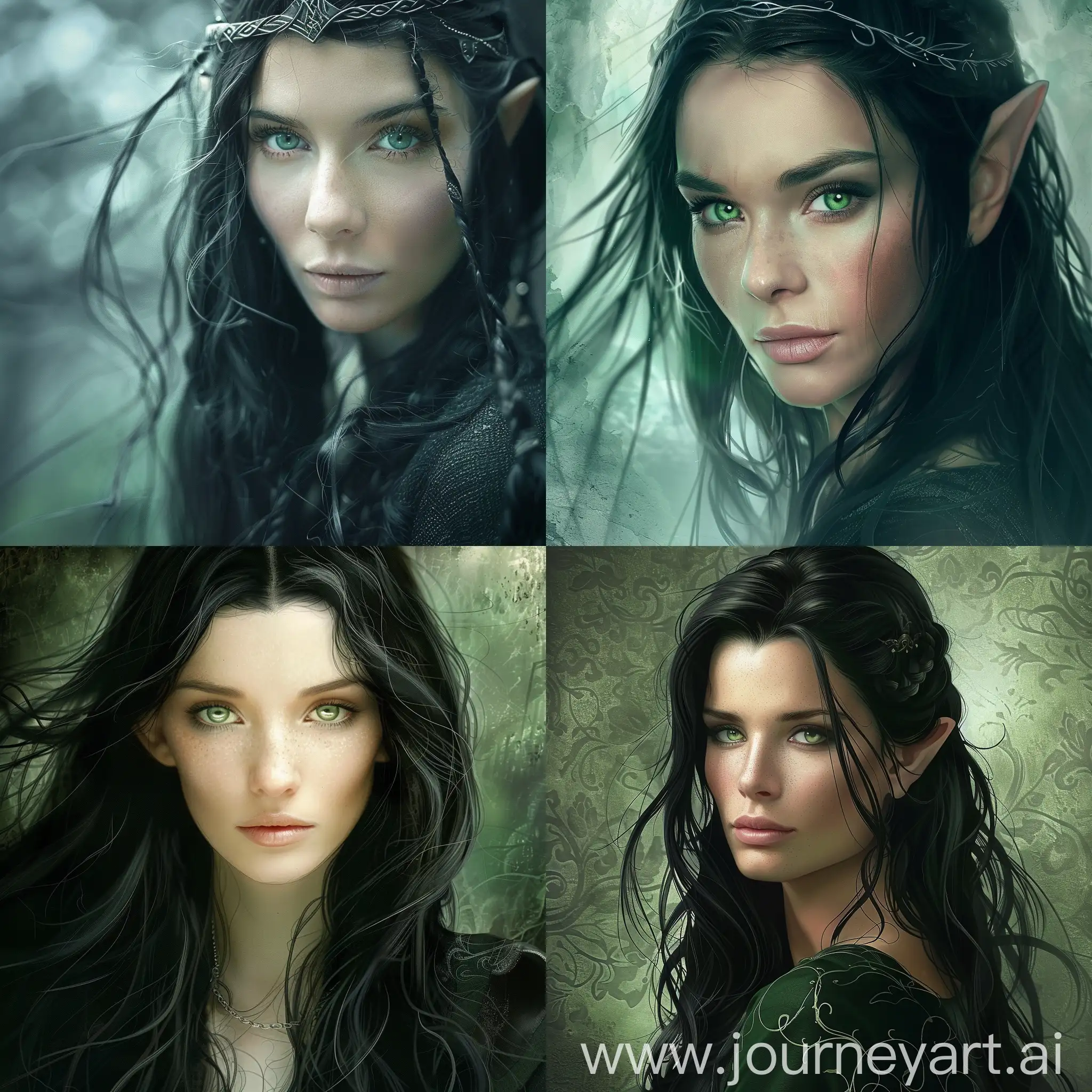 A beautiful Elven woman with long black hair and pale green eyes. Lord of the rings.