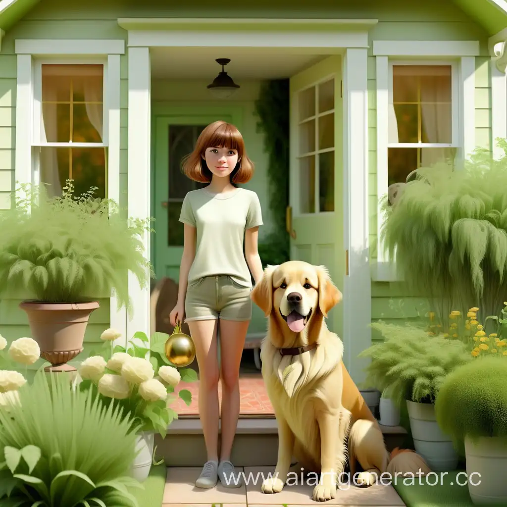 девочка с короткими коричневыми волосами и прямой челкой с собакой породы золотистый ретривер на фоне огорода и светло зеленого дачного домика с белыми оконными рамами, белой дверью, крыльцо дома частично увито зеленью 