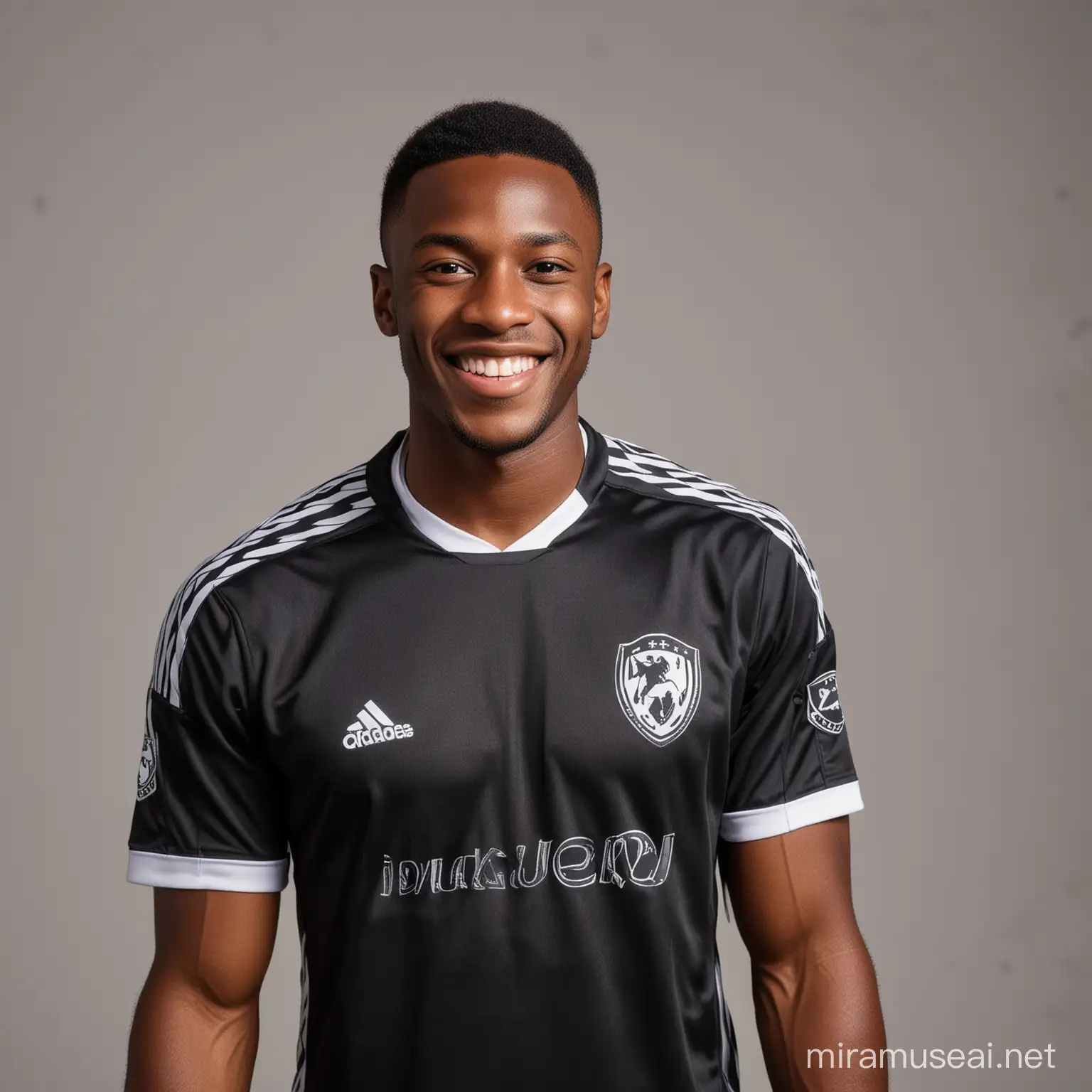 Cheerful African black male soccer player in black jersey with white stripe line  , smiling to camera , standing against gray space
