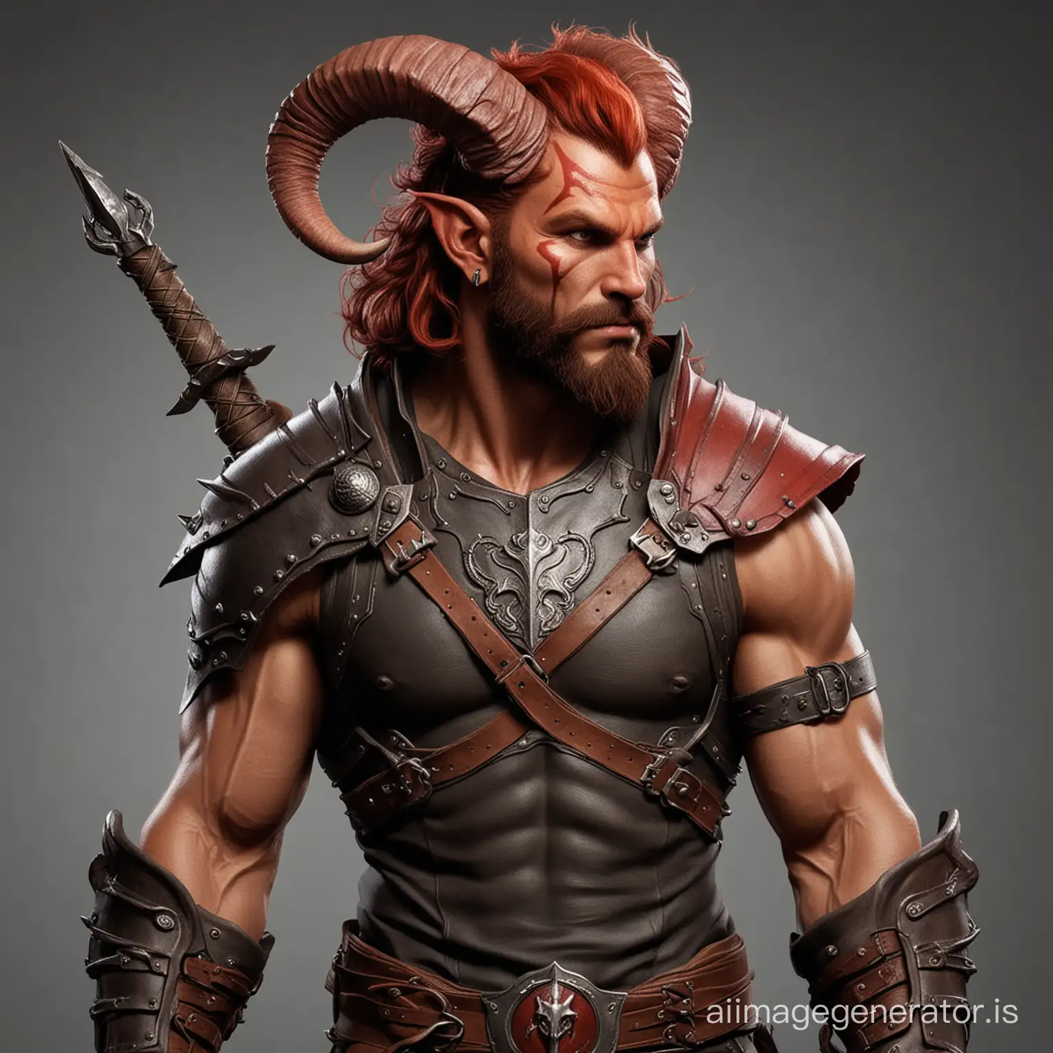 Male Tiefling Warrior, Buff, Strong, Bearded, Red Skin, Armor.