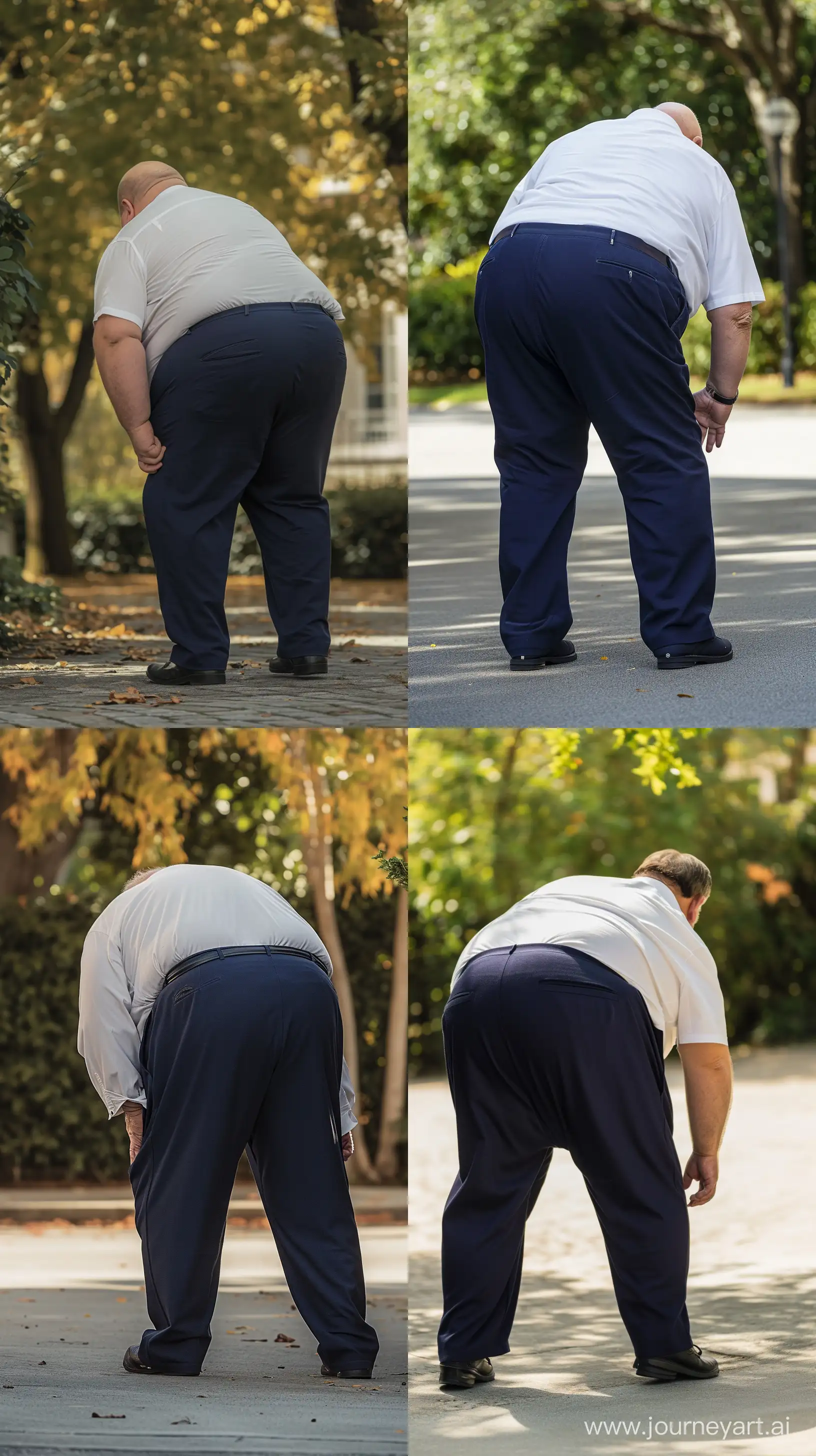 Back view photo of an very obese man aged 70 wearing navy pants and a white shirt. He is bending over. Outside. --style raw --ar 9:16 --v 6