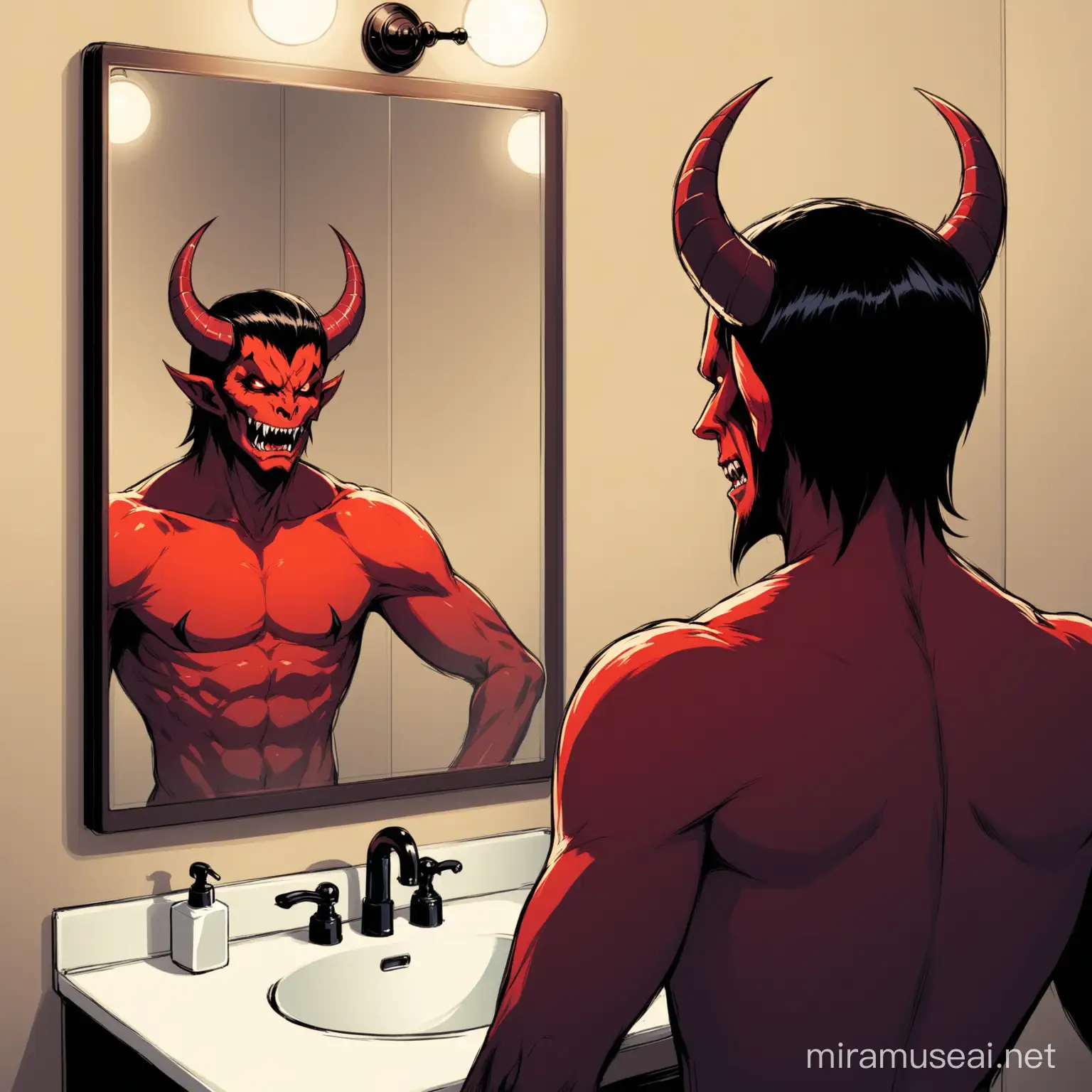 Man Confronted by Demonic Reflection in Mirror