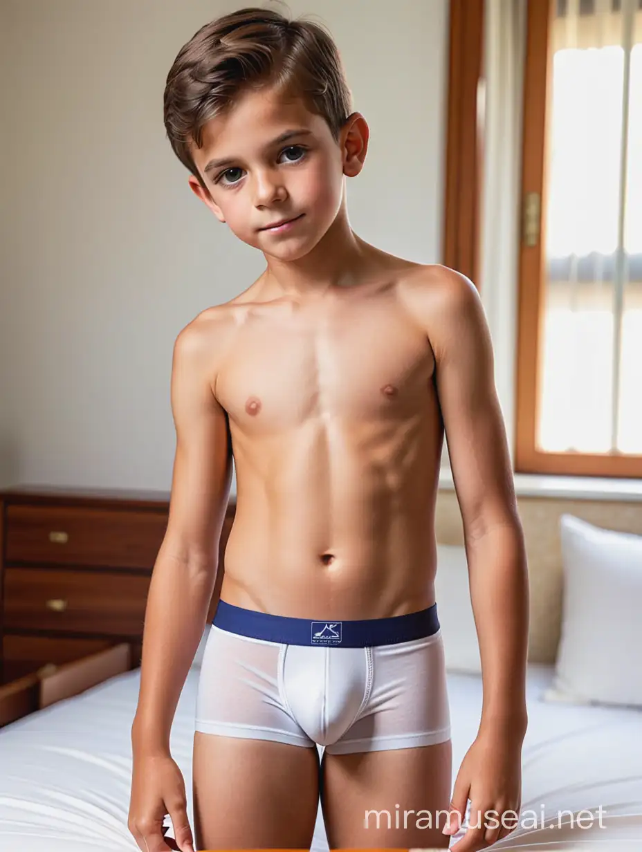 Niño brasileño de 11 años solo usando boxers briefs 