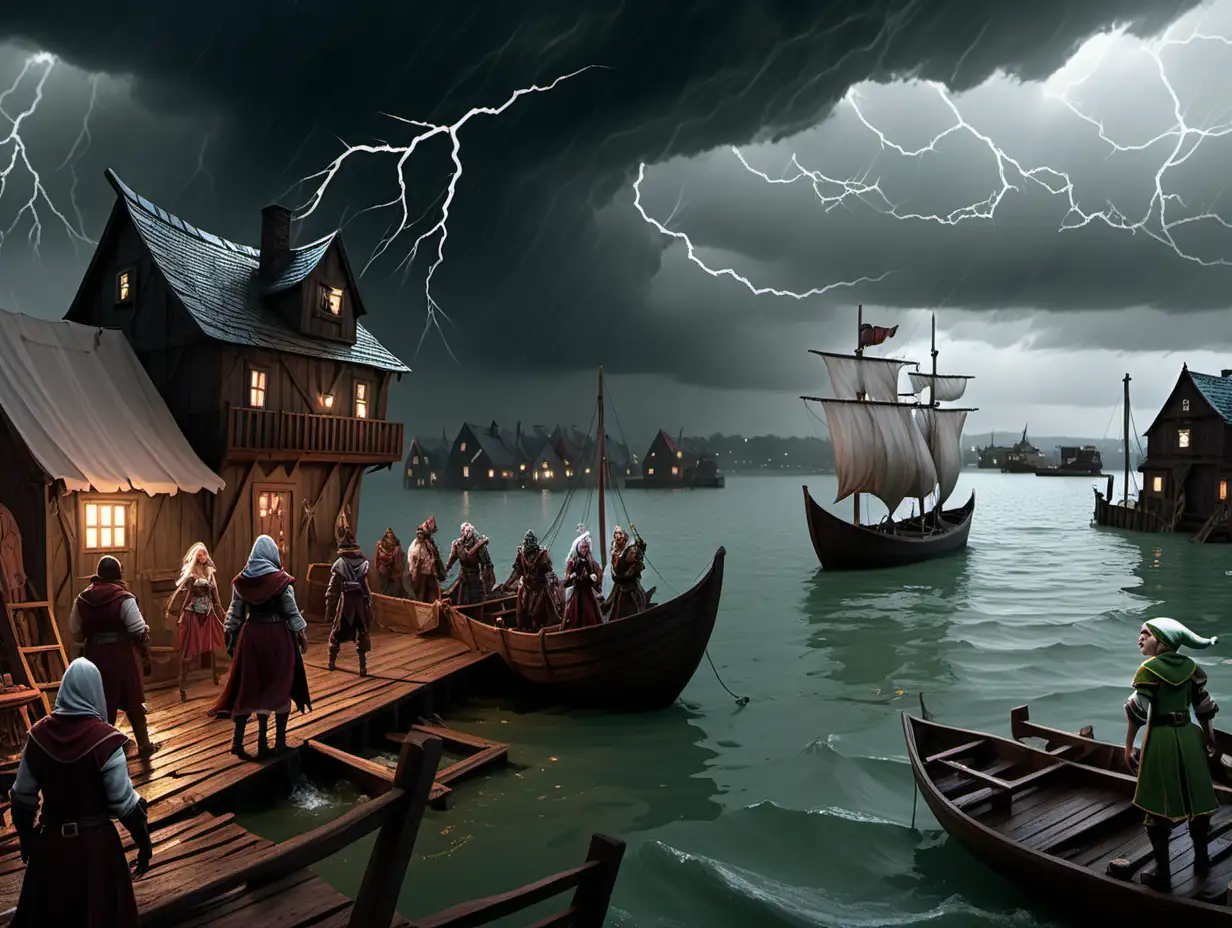 a tutor village by a lake with a horrible storm looming on the horizon, mythincal dnd style villagers look on in panic, a ship sits moored on the harbor, an elf in white looks horrified at the chaos around her