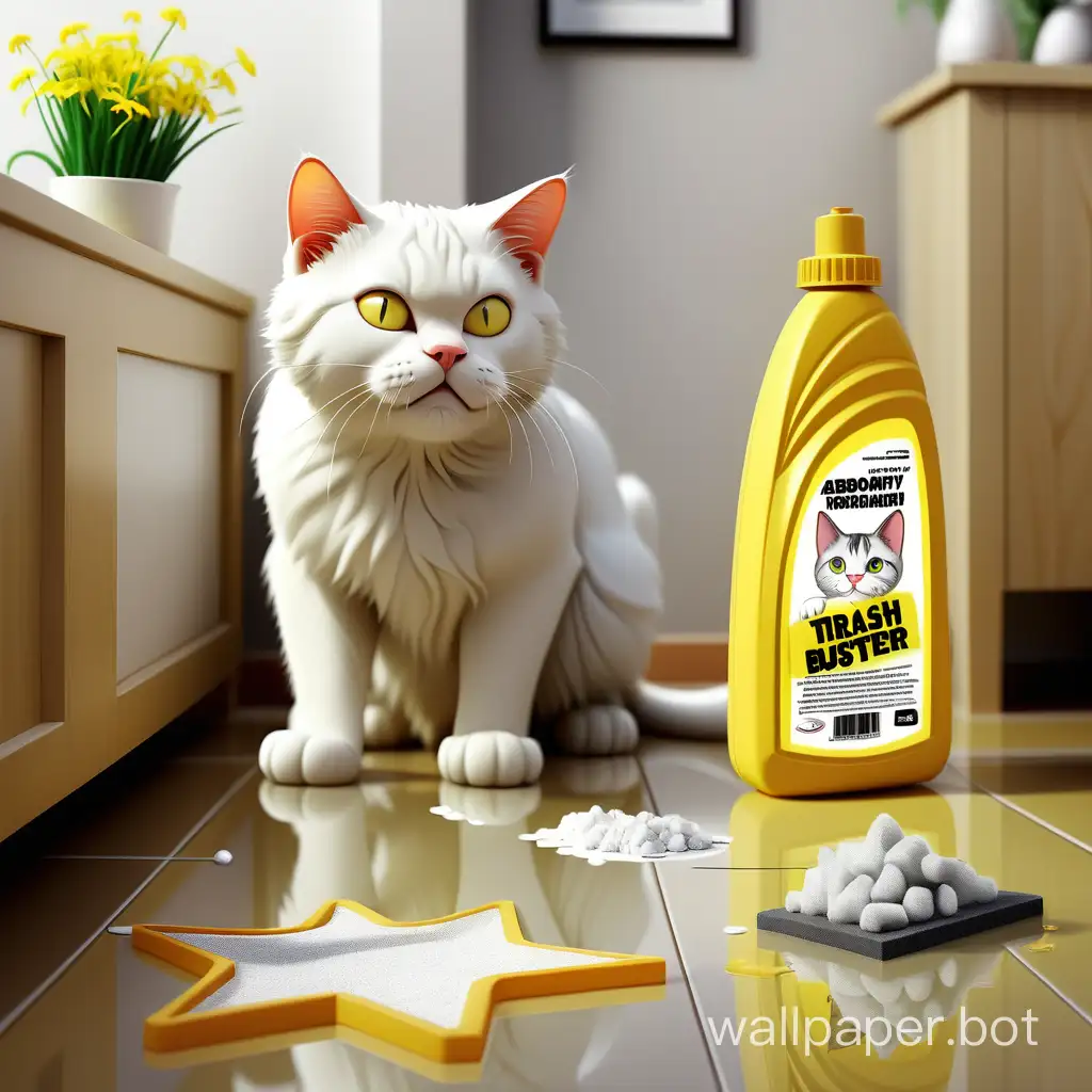 TRASH BUSTER Odor Absorber for Cat Urine, Dogs, Yellow-White Bottle, White Trigger, Background, with a Poor Magical Cat in the Background, Cleaning the Floor, Sign on the Wall: ART Company SEPTOKHIM