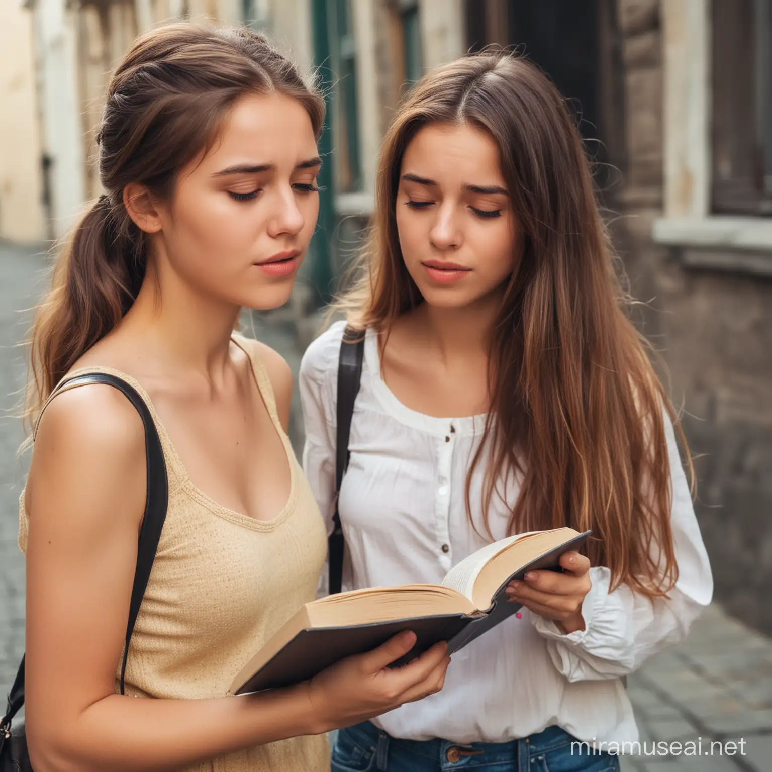 very kind and beutiful girl with a book in her hand talking to her friend, looking abit sad as if complaining,  seems to have failed the course
