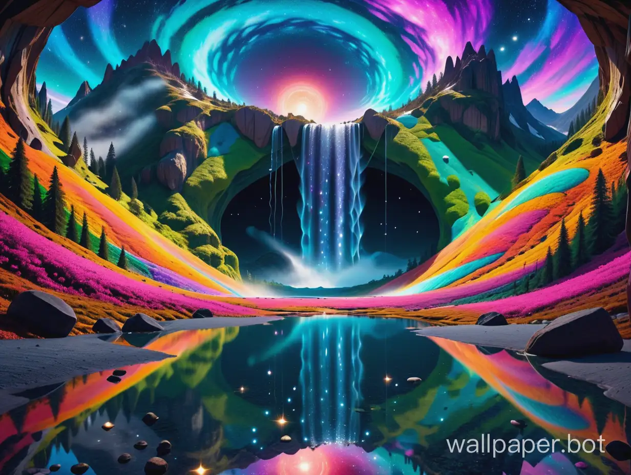 Psychedelic river of stars  with a trippy waterfall and a trippy lake in a trippy valley between crazy mirror  psychedelic mountains under a giant mirror 