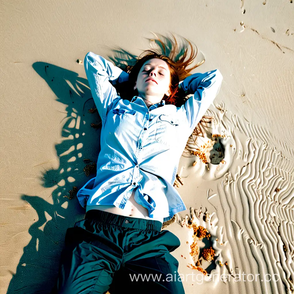 Человек лежит на пляже запрокинув голову, вид сверху, ближе к коленям