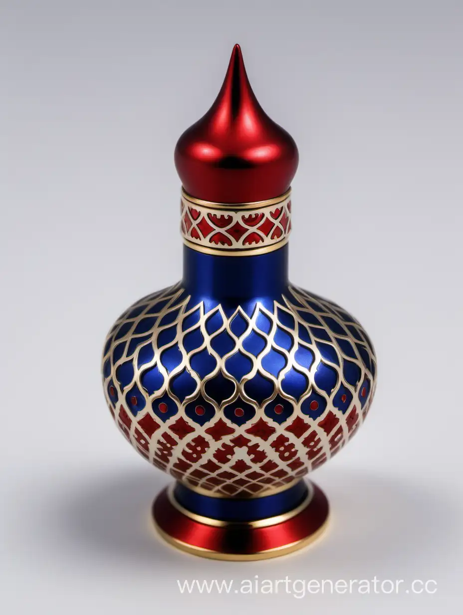 Luxurious-Zamac-Perfume-Bottle-Cap-in-Shiny-Dark-Blue-with-Matt-Red-and-White-Arabesque-Pattern