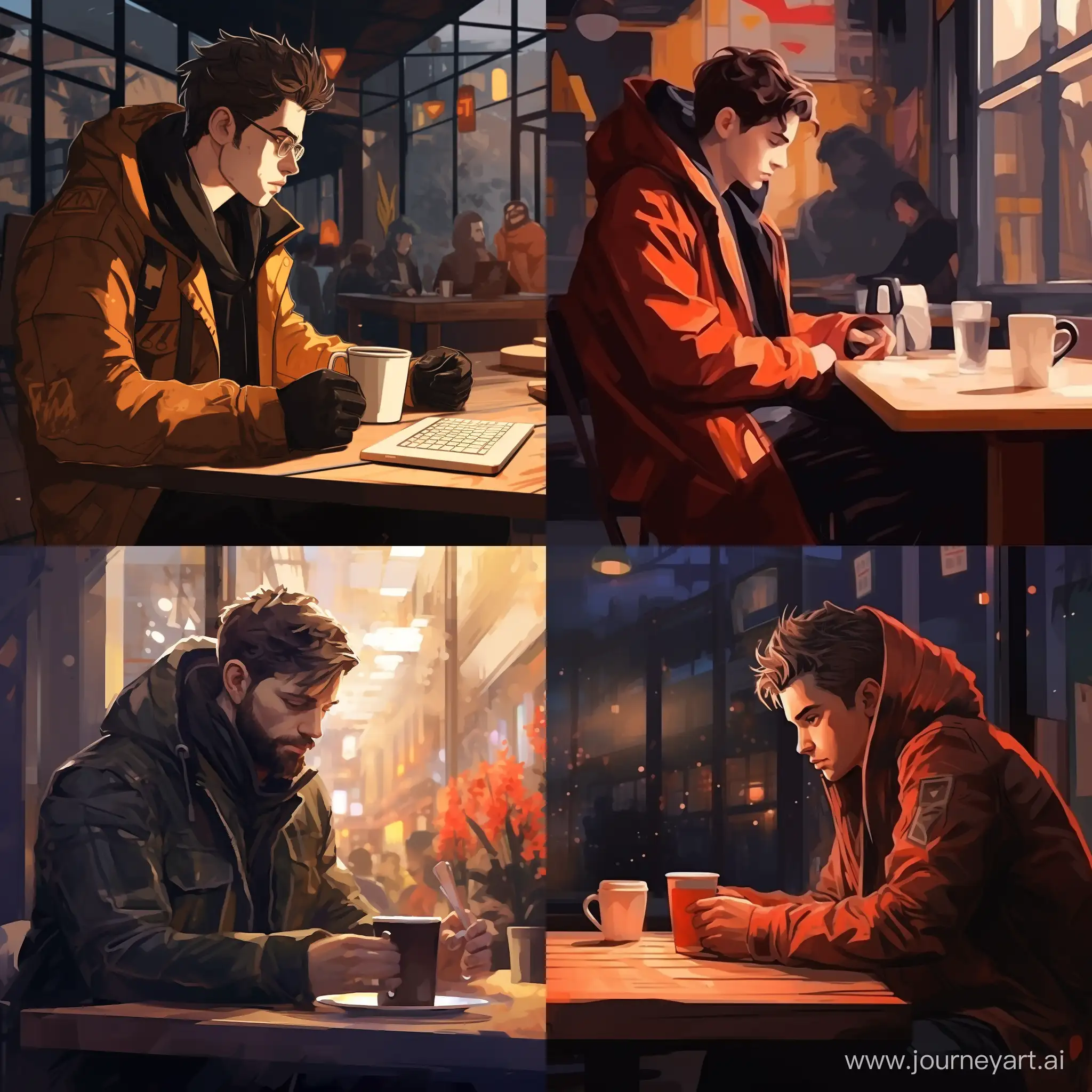 programmer sits in a cafe with his coffee, wearing a Heavy jacket,in a simple cafe design the cafe have paint art ,8k,sharp focus