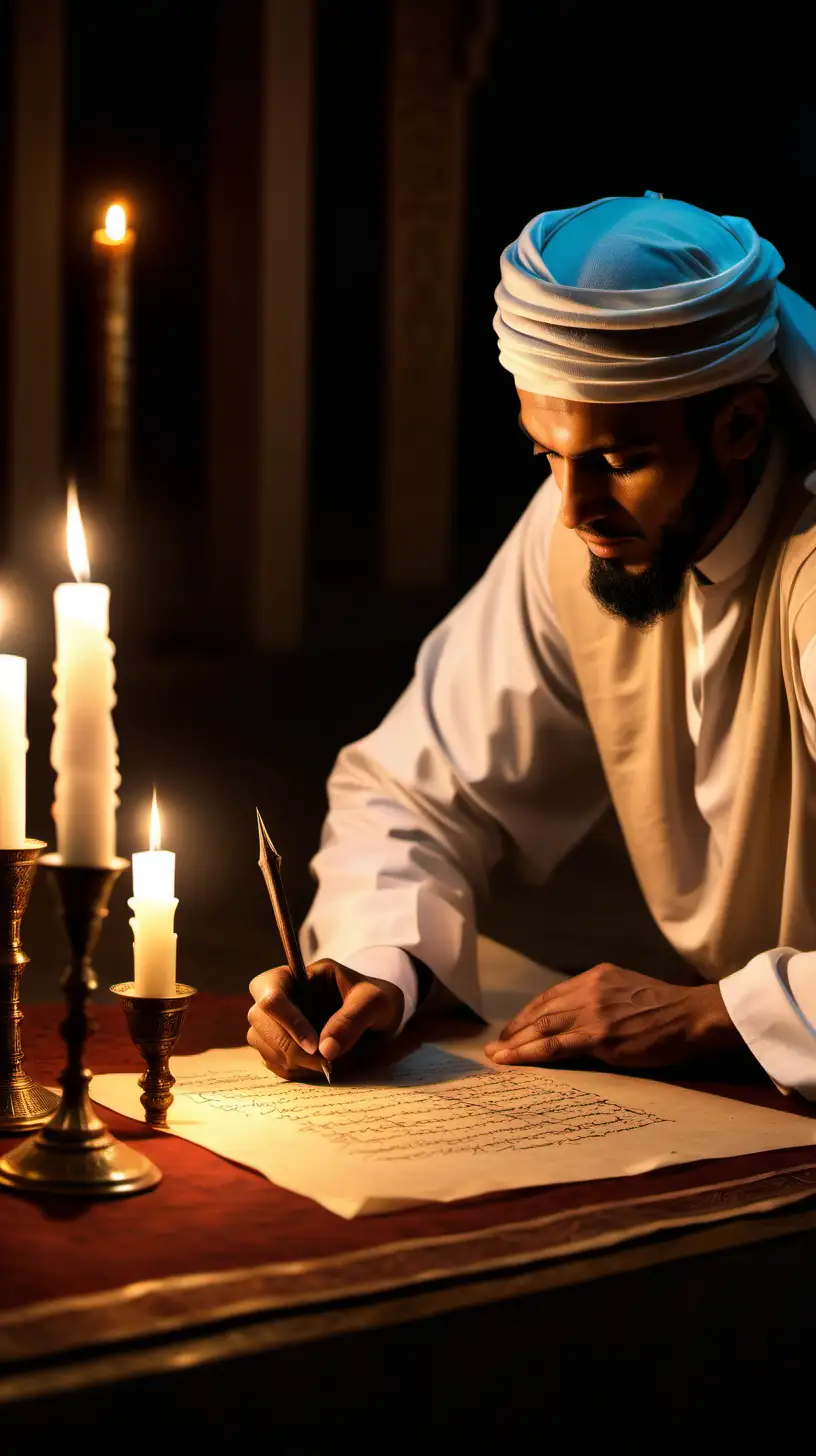 arabian man with one quill in his right hand writing on parchment paper in a dark mosque lit by candlelight