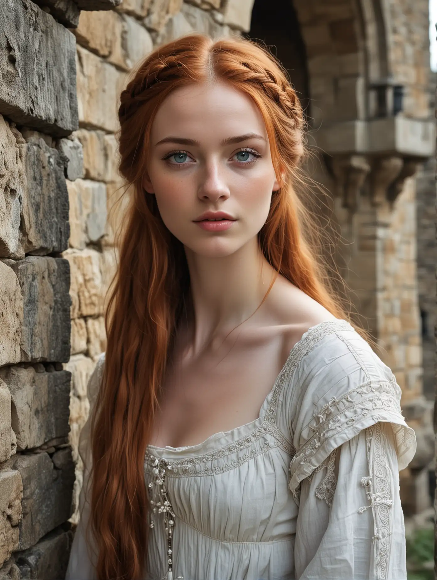 Young teenage girl, long red hair loose and braided, high cheekbones, deep set blue eyes, pale white skin, plump lips, hollow cheeks, thick eyelashes, slender and skinny, medieval dress with fur, in a dark stone castle, fantasy setting