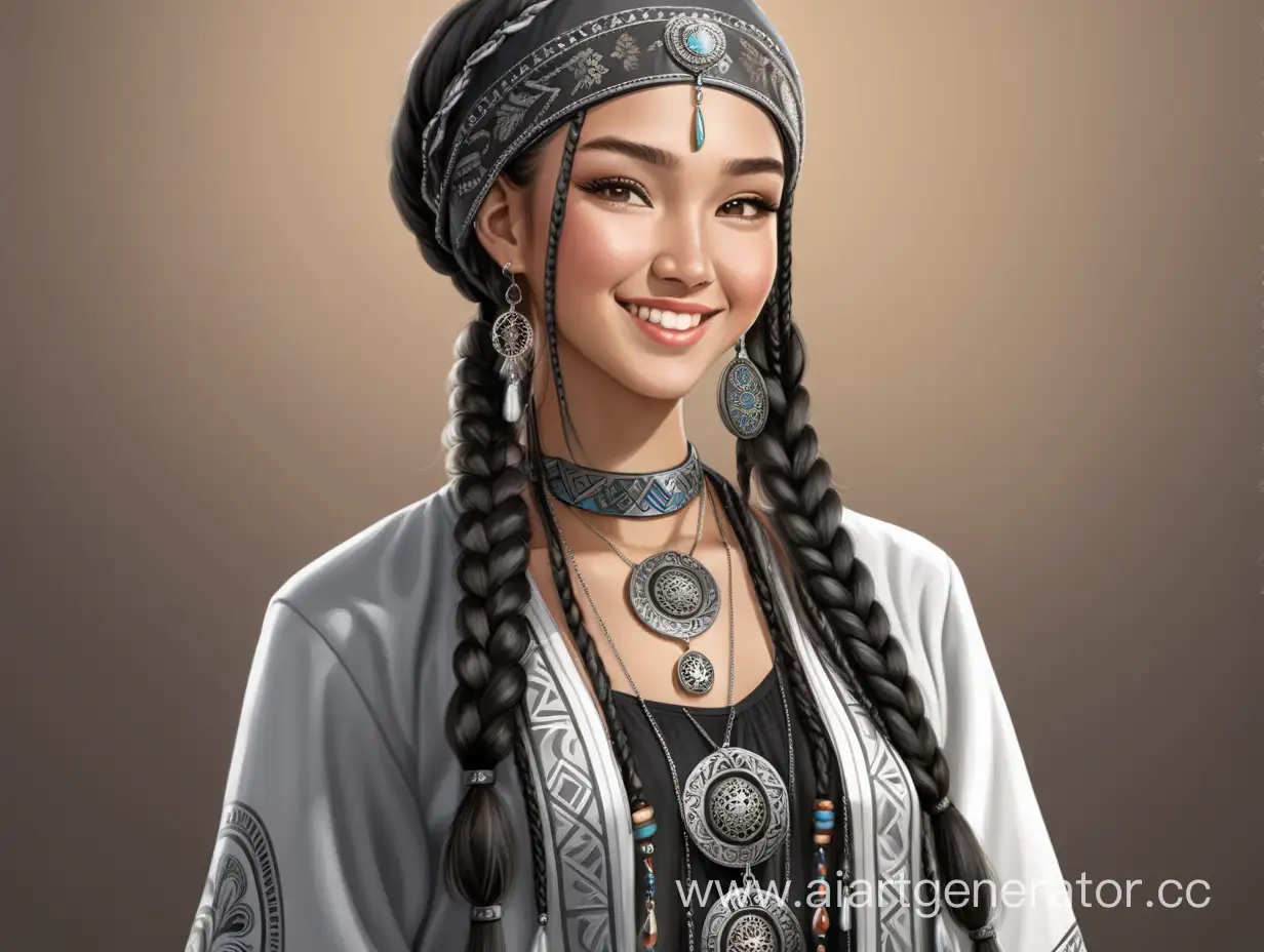 Concept art at full-height. Nineteen-year beautiful kazakh girl, wearing a traditional dress with ornaments and earrings. 
 Wearing a traditional skullcap. With long black braids, on which there are metal pendants. She has a kind and affectionate smile.
