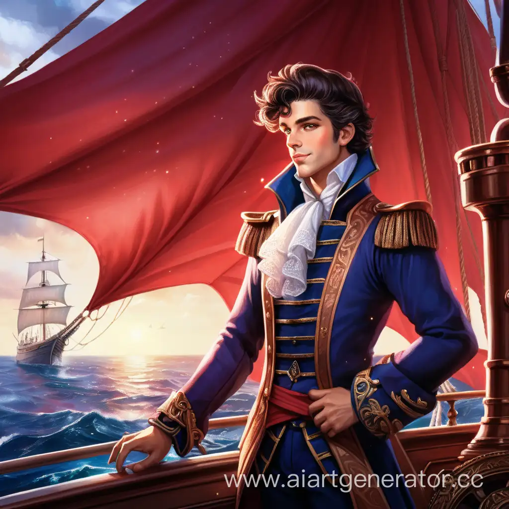  молодой красивый принц на красивом корабле с алыми парусами
