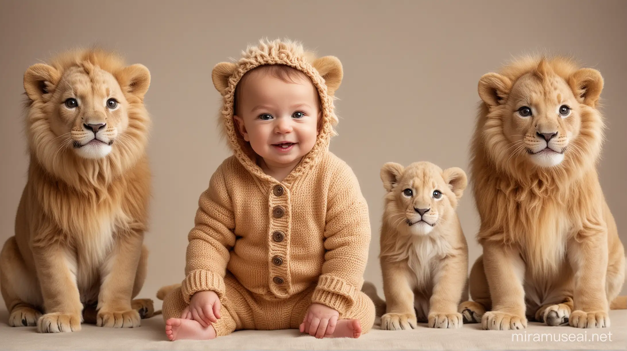 Portrait of a skinny smiling Baby in a cute knitted suit surrounded by two kissing Lions