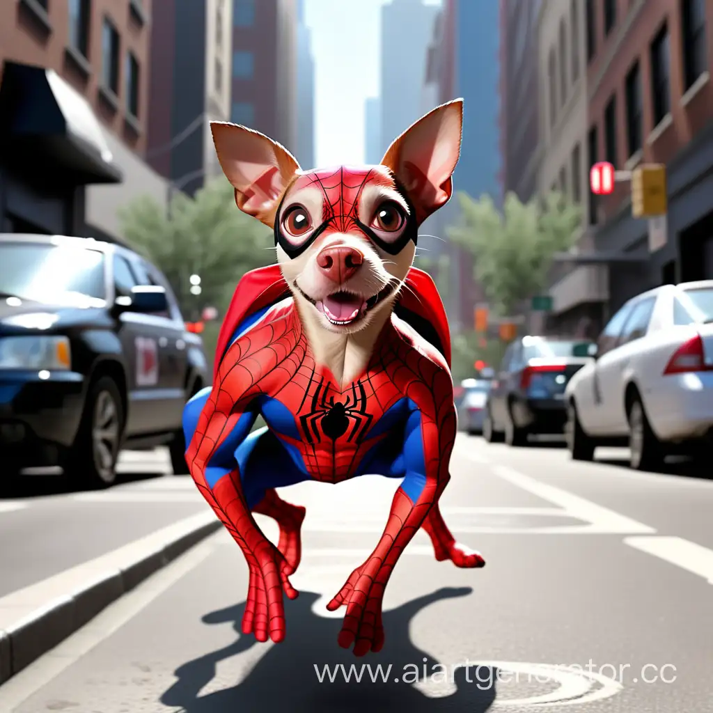 Adorable-Dog-Dressed-as-SpiderMan-Roams-Bustling-City-Streets