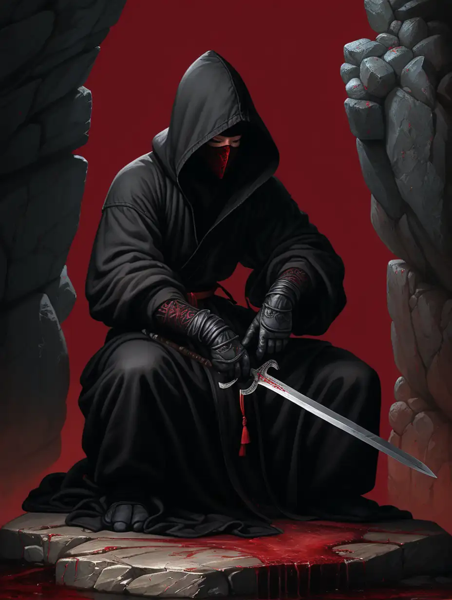 Human holding sword with two hands, sitting on stone, surrounded by rocks, wearing all black hooded robe, mask on, black gloves, bloody, Renaissance, red background