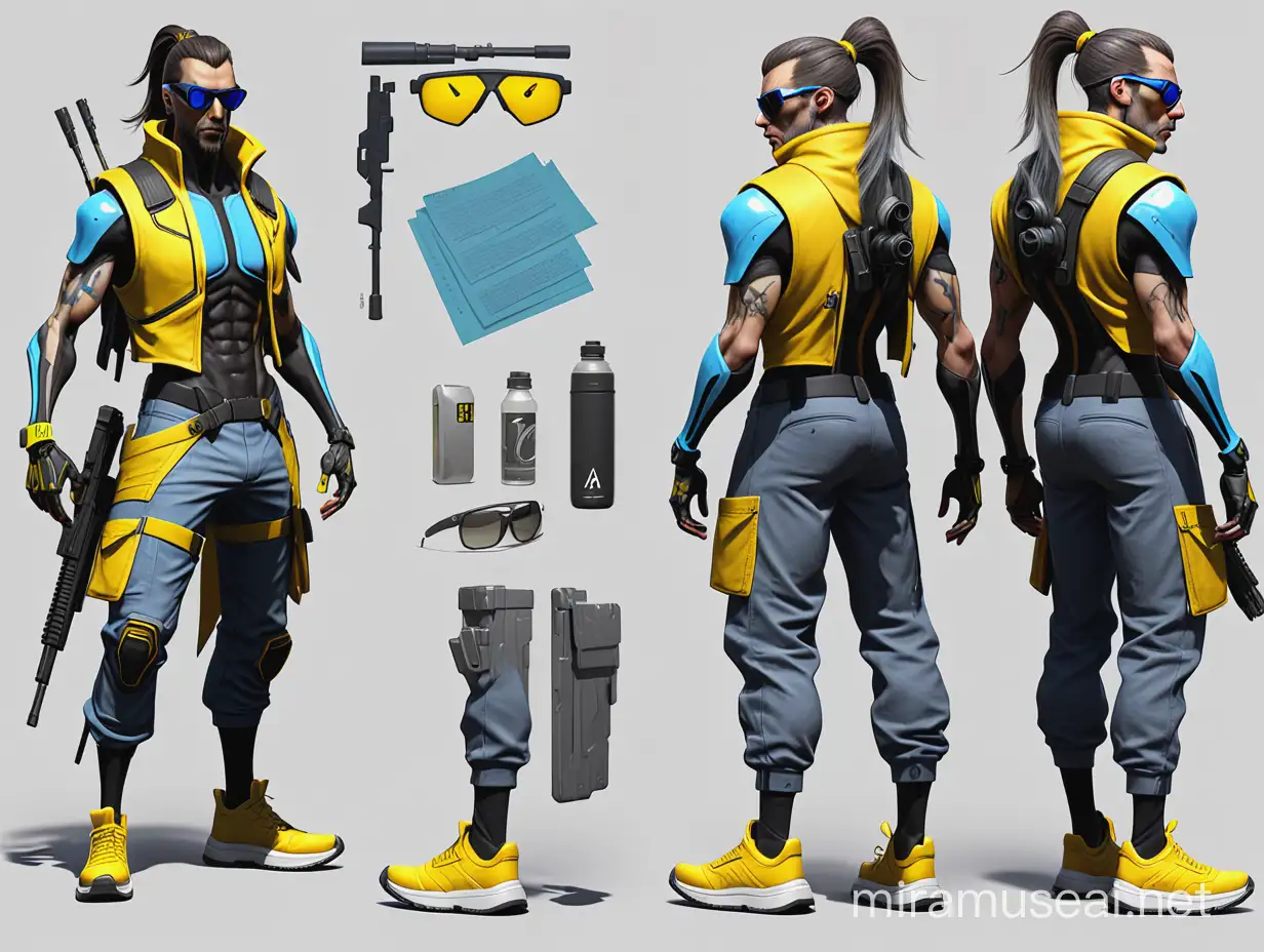 1990s edgy cyberpunk jaded 40s male assassin, thin greying brown ponytail, white blue black hi-tech streetwear armor, yellow jogger sunglasses, bright yellow low-top sneakers, black sniper rifle and shurikens, gritty warframe valorant edgerunners videogame render character reference sheet