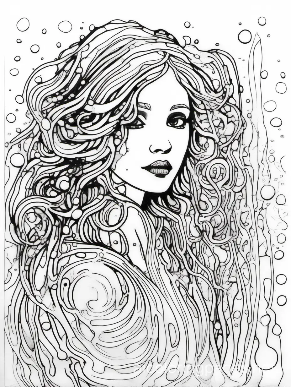 Wet grunge, black ink abstract shape, brush mark on white watercolor paper ,sketch illustration, described in the polka dot style of Alphonse Mucha and Jeremy Mann, Coloring Page, black and white, line art, white background, Simplicity, Ample White Space. The background of the coloring page is plain white to make it easy for young children to color within the lines. The outlines of all the subjects are easy to distinguish, making it simple for kids to color without too much difficulty