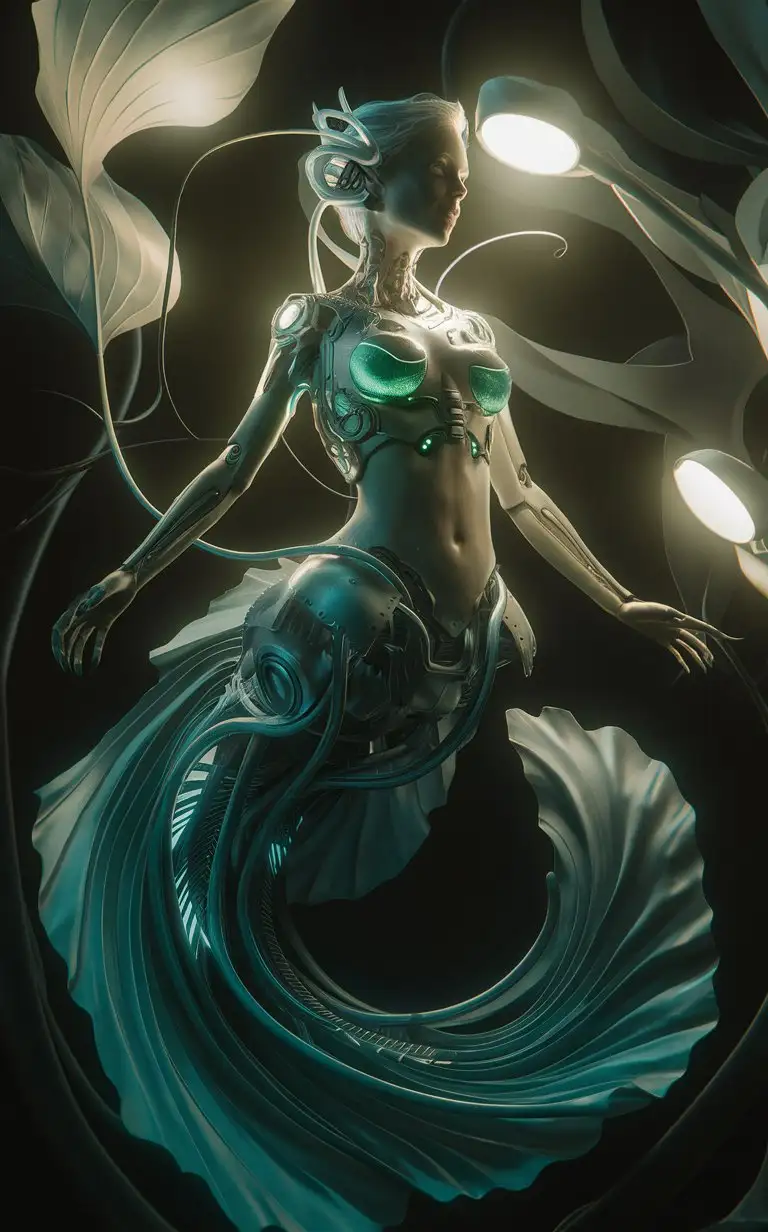 blackpaper Bizarre and elegant surreal full-body portrait of a full-body hauntingly beautiful cyborg mermaid1:1.5 with intricate mechanical details and a breathtaking tail, glowing bioluminescent elements, hyper-detailed, dreamlike surreal lighting by H.R. Giger and Zdzisław Beksiński, 8k resolution, captivating composition, Add_Details_XL-fp16 algorithm, 4D octane rendering, infused with global illumination,  --q 80 --s 175 --ar 3:4 --c 5