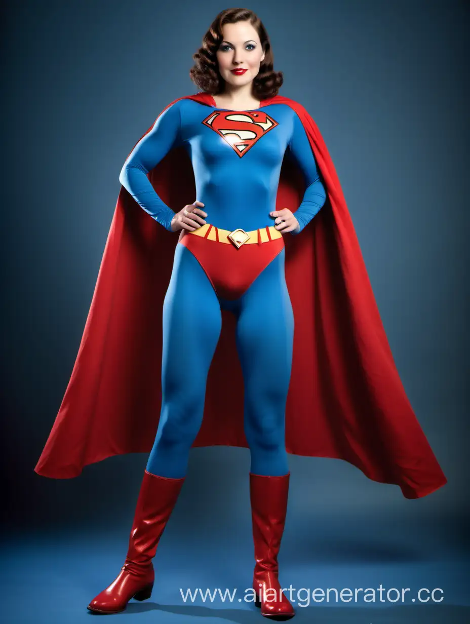 A beautiful woman with brown hair, age 30, She is happy and muscular. She is wearing a Superman costume with (blue leggings), (long blue sleeves), red briefs, red boots, and a long cape. Her costume is made of very soft cotton fabric. The symbol on her chest has no black outlines. She is posed like a superhero, strong and powerful. In the style of a 1930s movie.