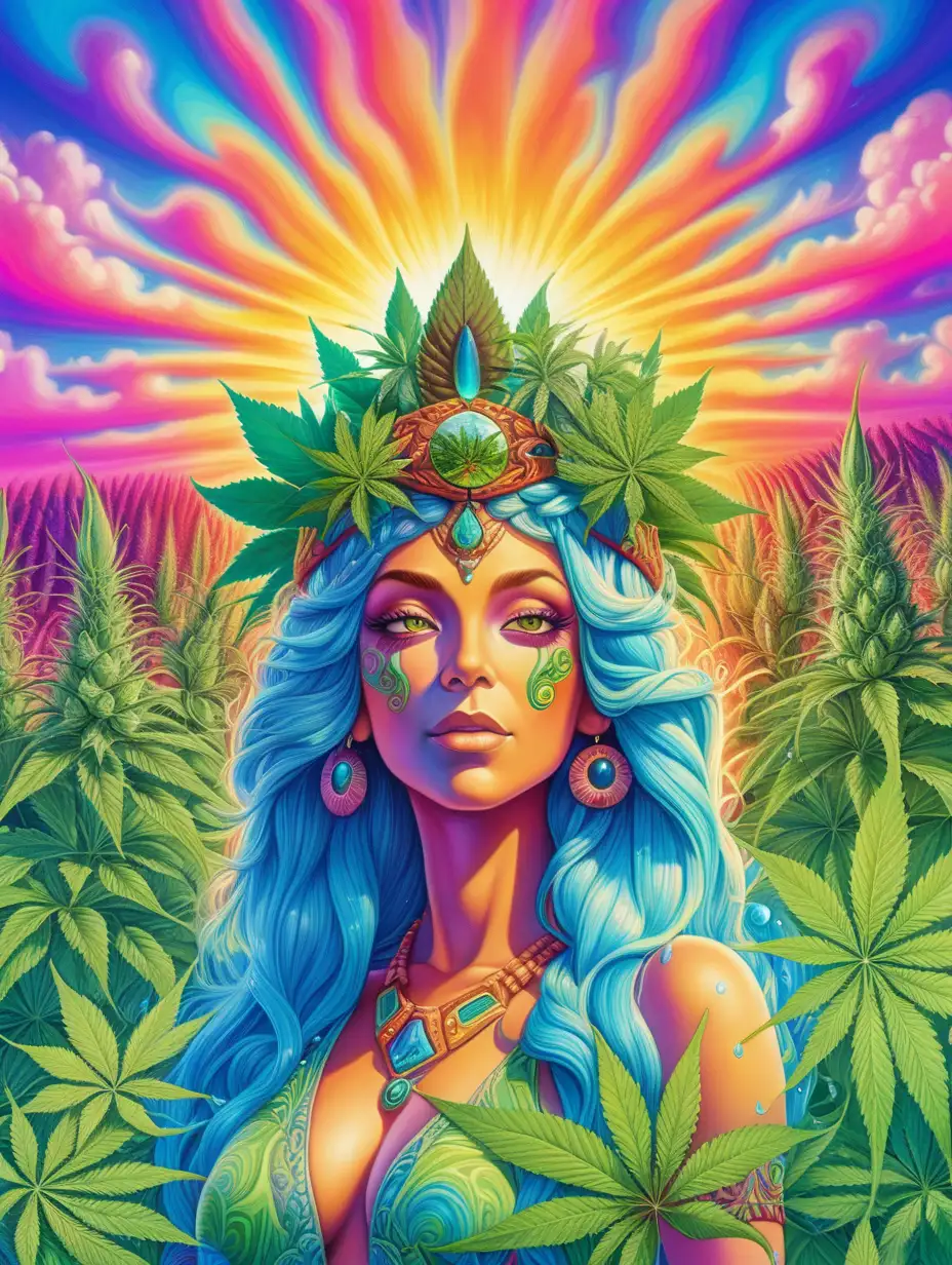 A Psychedelic exotic female goddess in a field of cannabis, trippy, vibrant colors, sunshine, water, trees, clouds