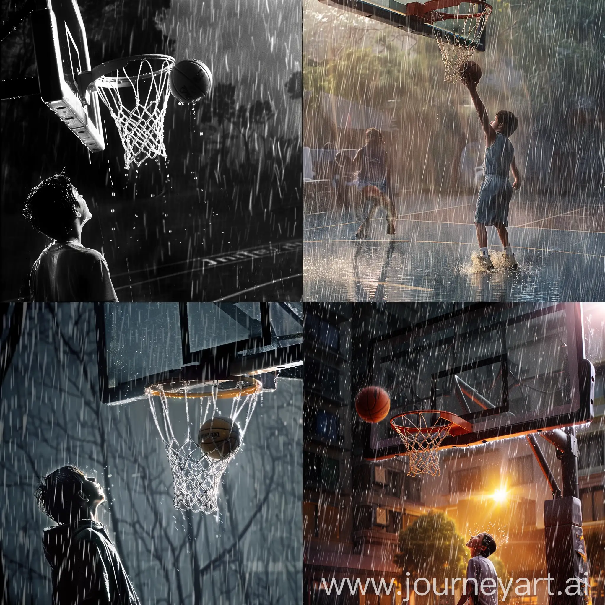 一个男孩在暴雨天打着篮球，篮球正中篮筐