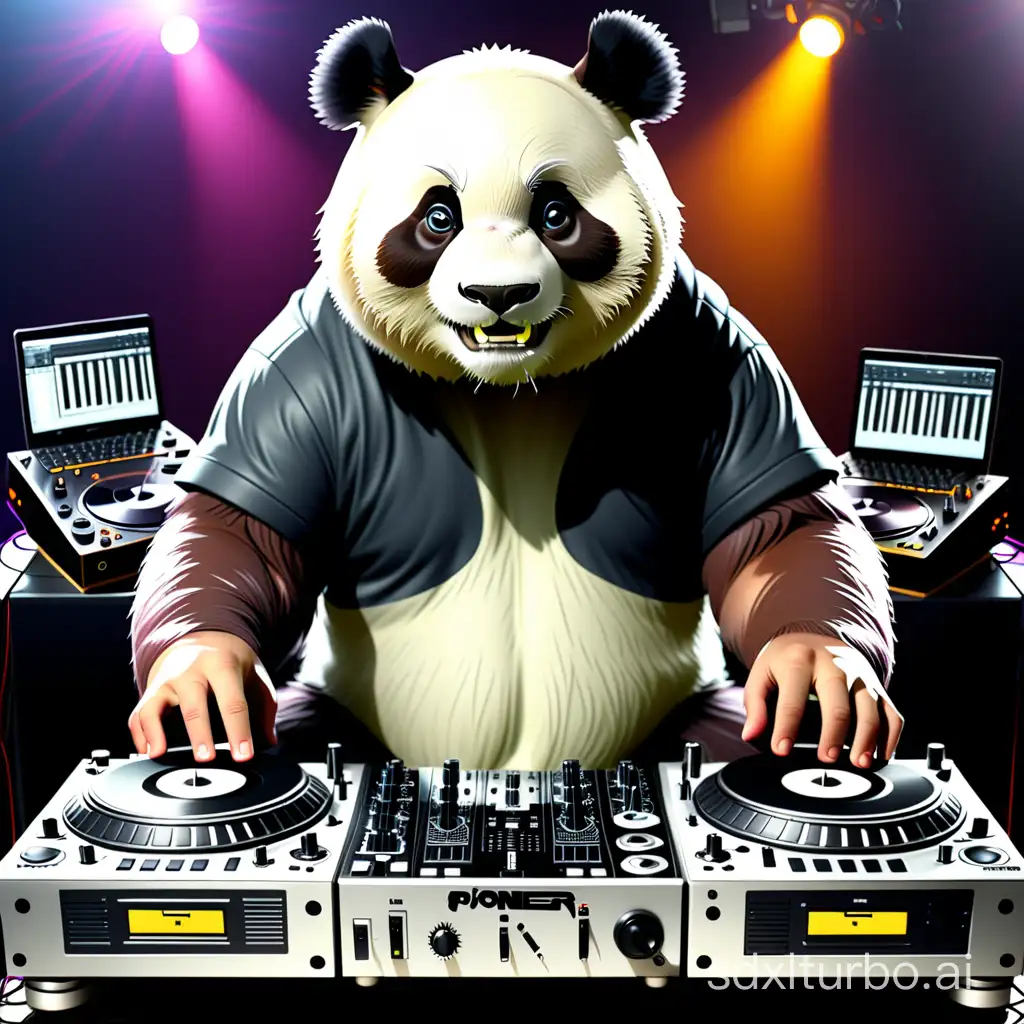 Panda-Bear-DJ-Mixing-Beats-with-Technics-1200-Turntables-and-Pioneer-DJM-900-Mixer