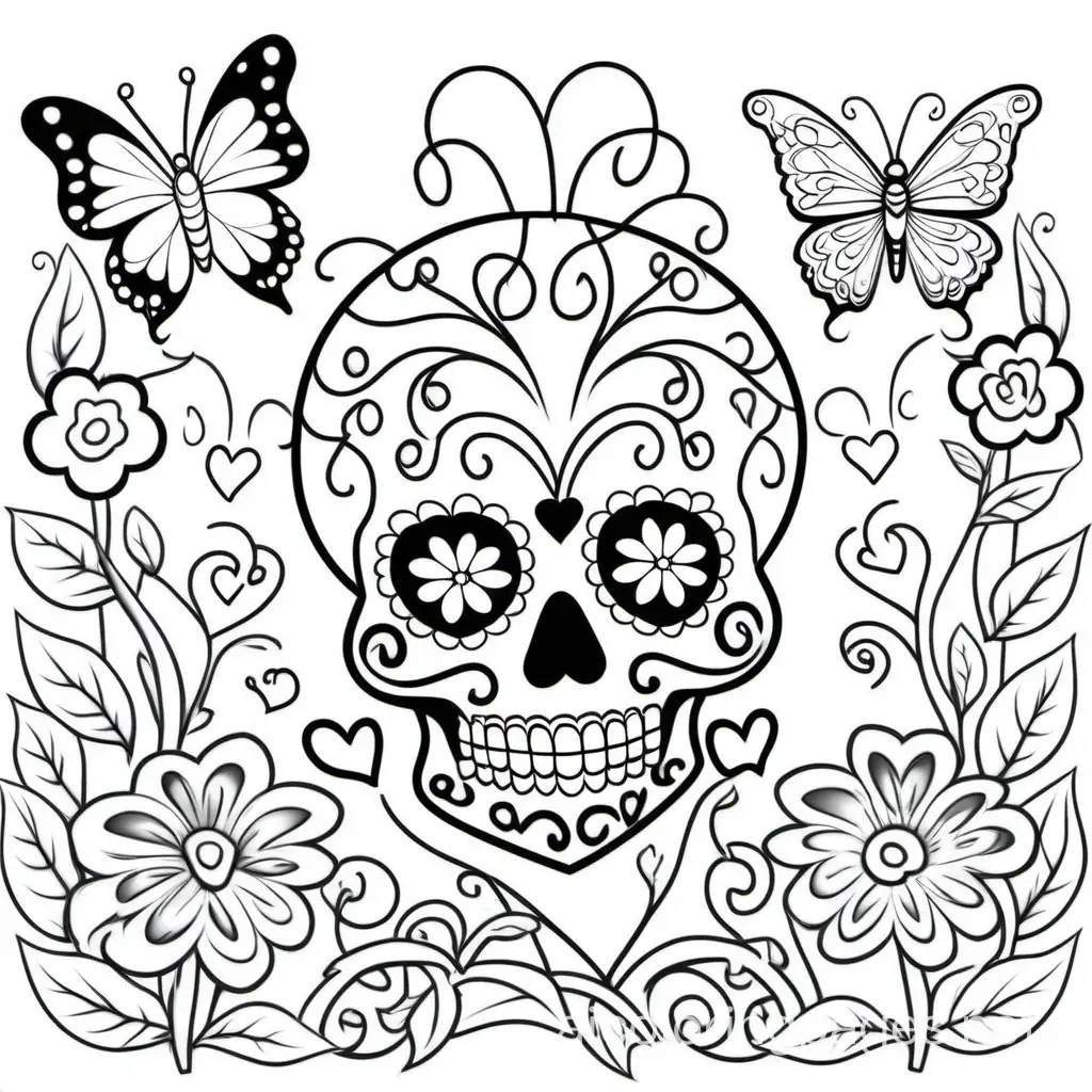 vines and flowers, hearts, butterflies and a sugar skull or two, Coloring Page, black and white, line art, white background, Simplicity, Ample White Space. The background of the coloring page is plain white to make it easy for young children to color within the lines. The outlines of all the subjects are easy to distinguish, making it simple for kids to color without too much difficulty