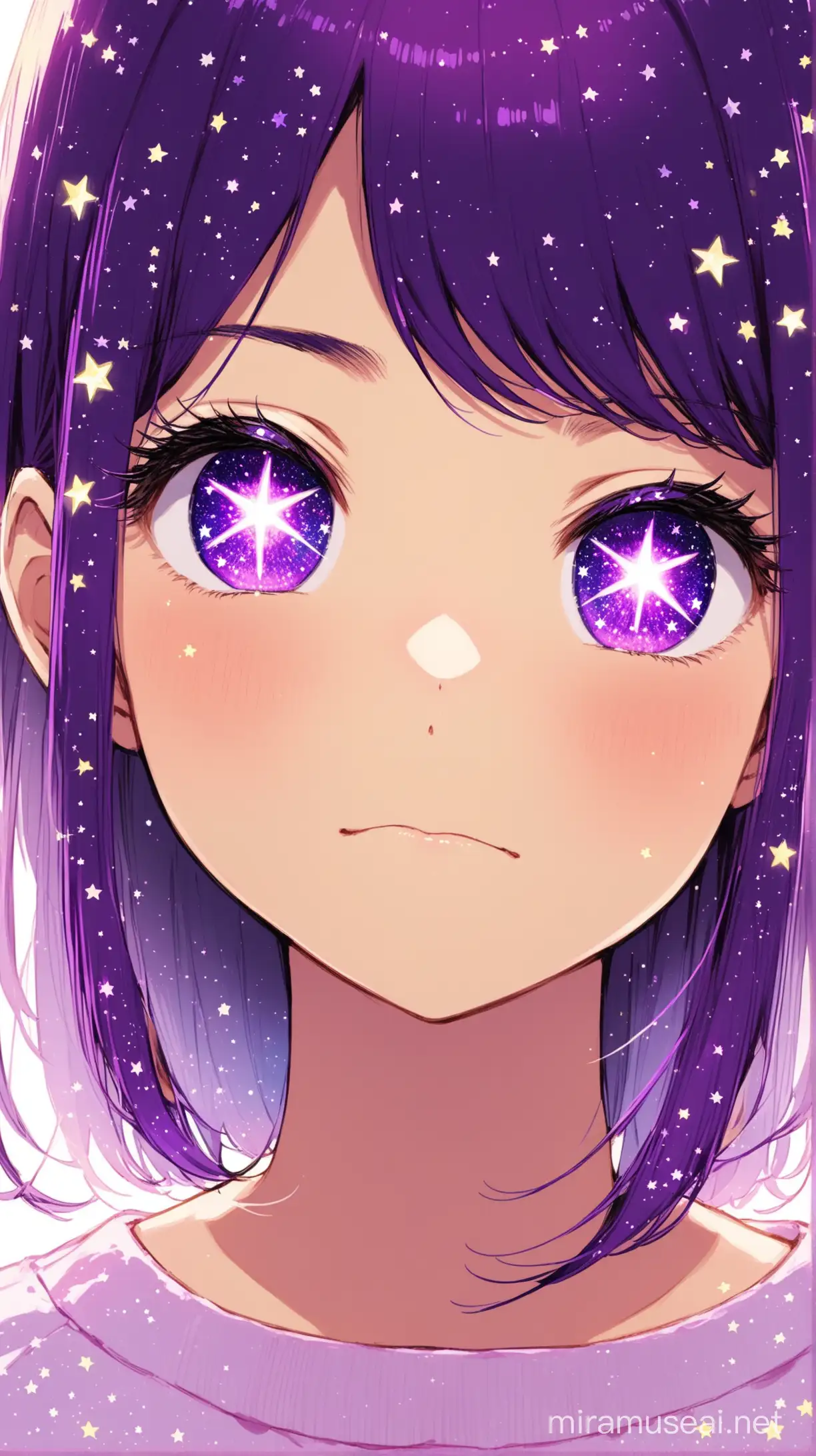 Anime Girl with Starry Eyes and Purple Hair Portrait