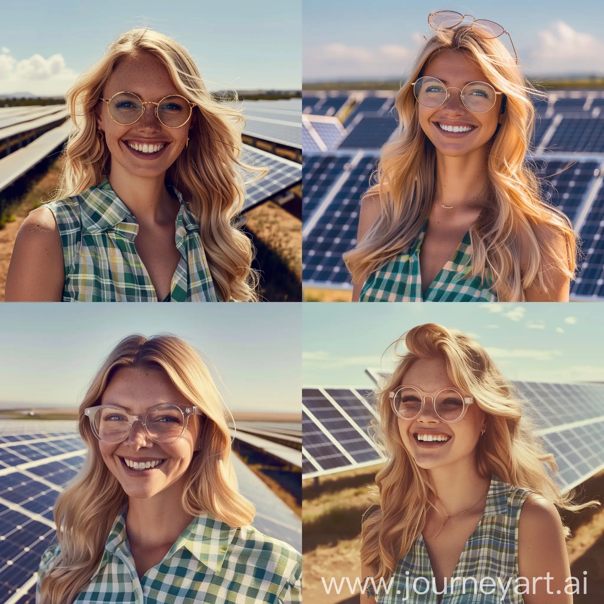 Smiling-Woman-in-Green-Patterned-Dress-at-Solar-Farm