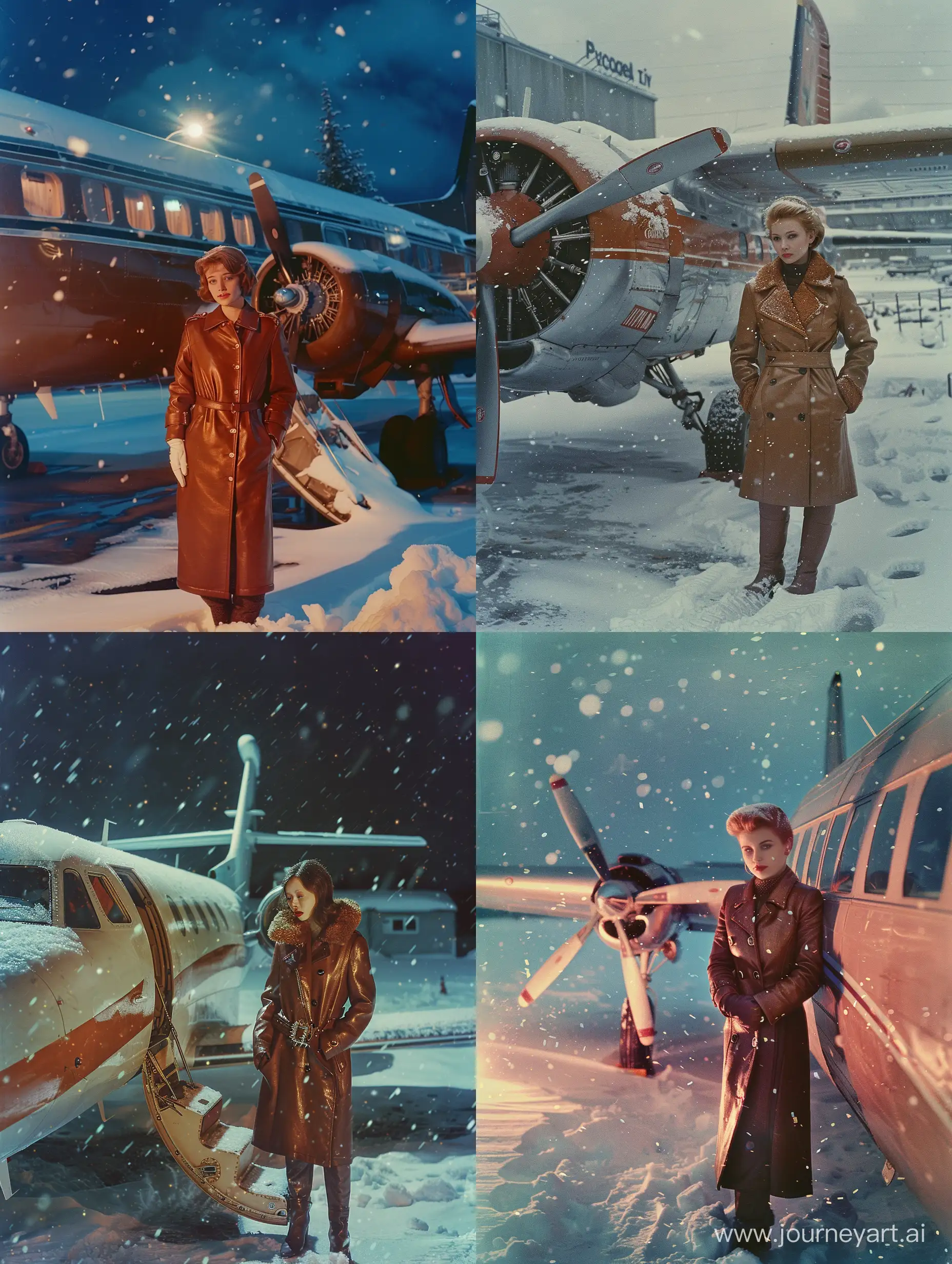 a woman standing next to a parked airplane in the snow, an album cover, tonalism, wearing a brown leather coat, perfectly lit. movie still, ffffound, volodymyr zelenskyy, young simon baker, wide open city ”, kodachrome 8 k, star