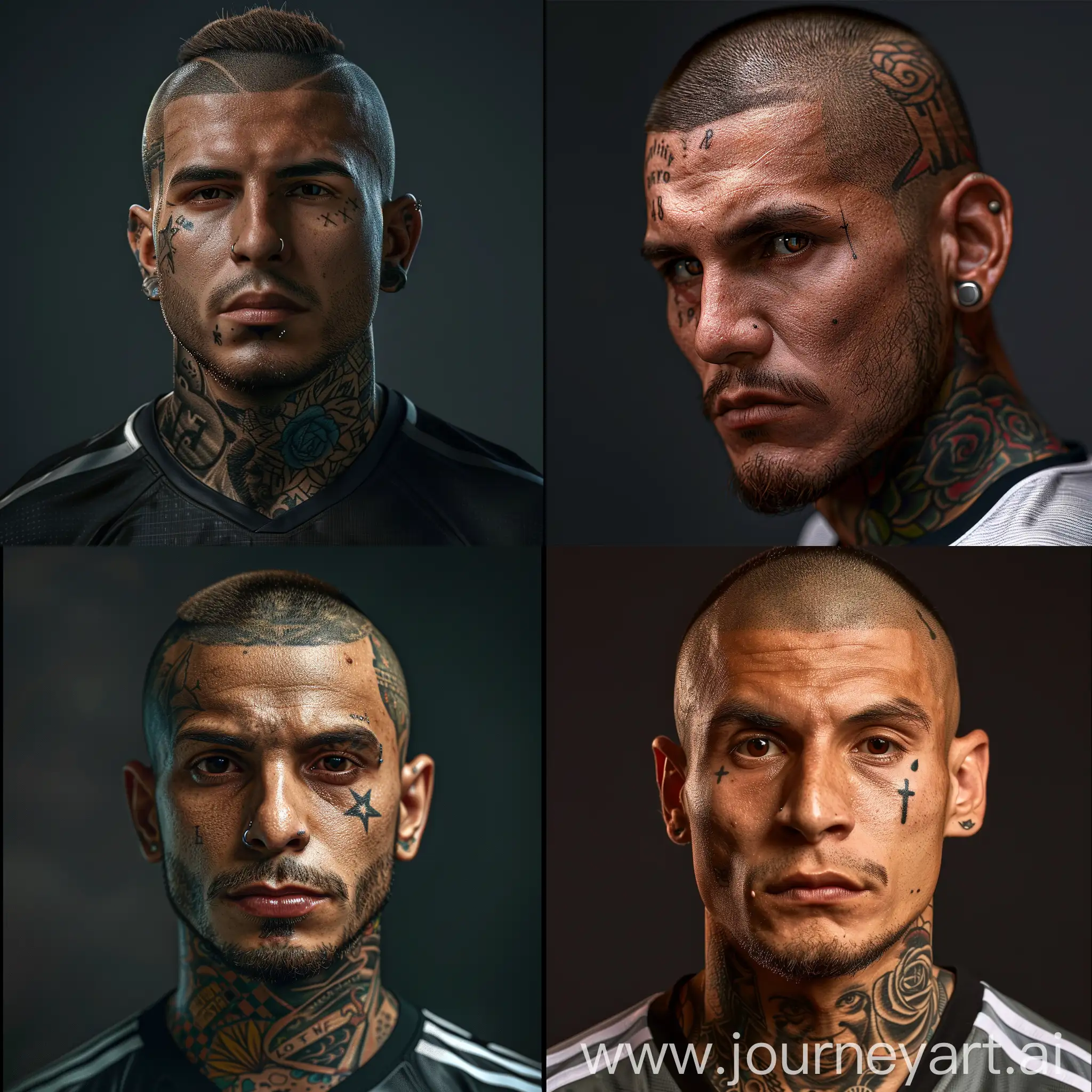 ultra realistic 8k, Latin American footballer, shaved head, tattooed head, portrait